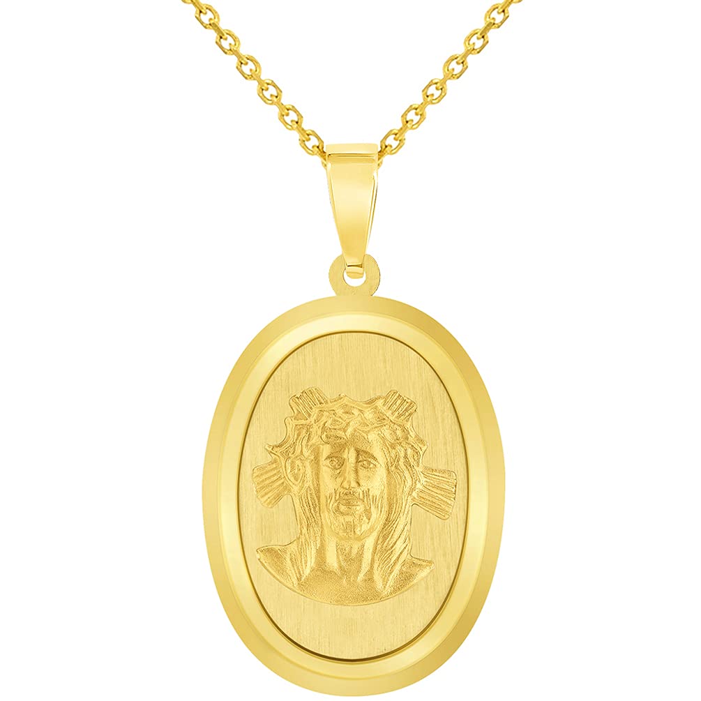 14K Yellow Gold Holy Face of Jesus Christ Oval Miraculous Medal Pendant Necklace - Religious Jewelry Gift for Baptism, First Communion & Spiritual Protection