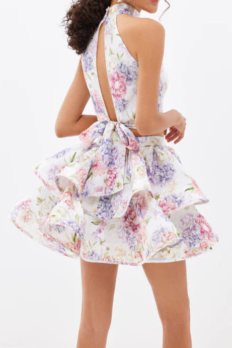 Jessica Printed Backless Halter Top & Skirt Set - Pink Floral Summer Outfit for Beach Vacation, Pool Party & Date Night