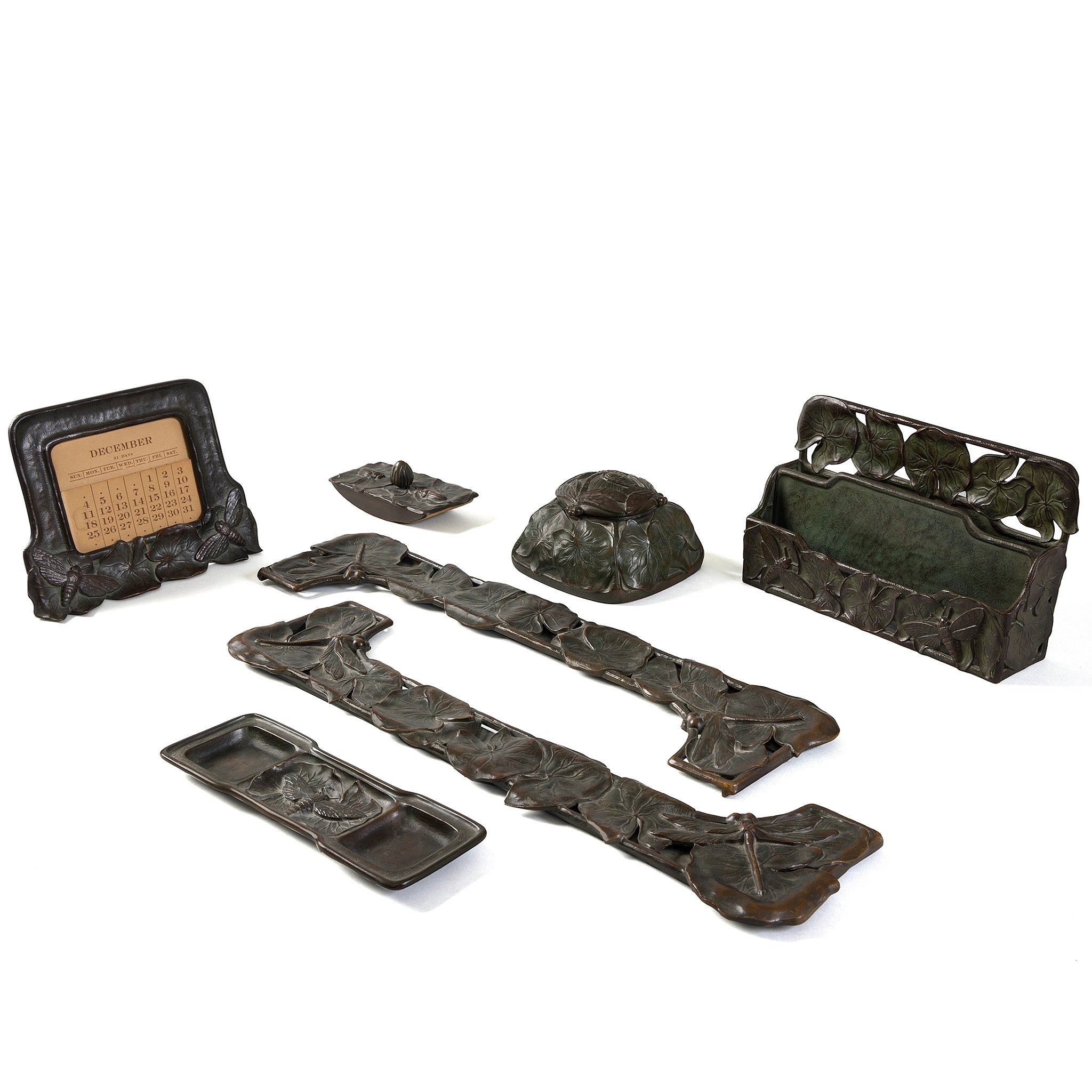 Tiffany Studios New York 7-Piece Pond Lily Desk Set - Vintage Bronze Office Decor for Home & Office Workspace - Perfect for Writing, Collecting & Gift Giving