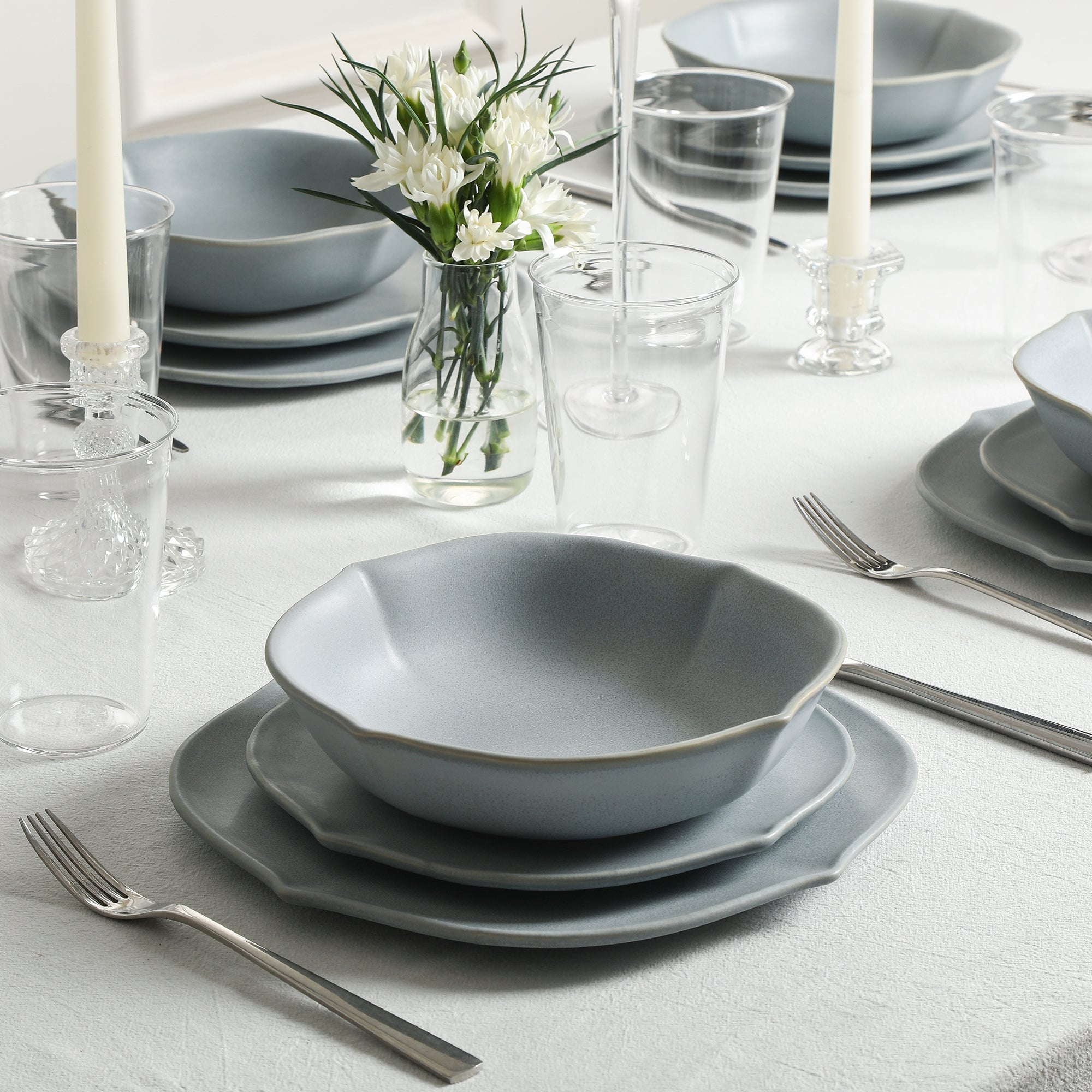 Stone Lain Baskerville Stoneware 16-Piece Dinnerware Set with Glassware in Light Blue - Elegant Table Setting for Family Dinners & Entertaining Guests