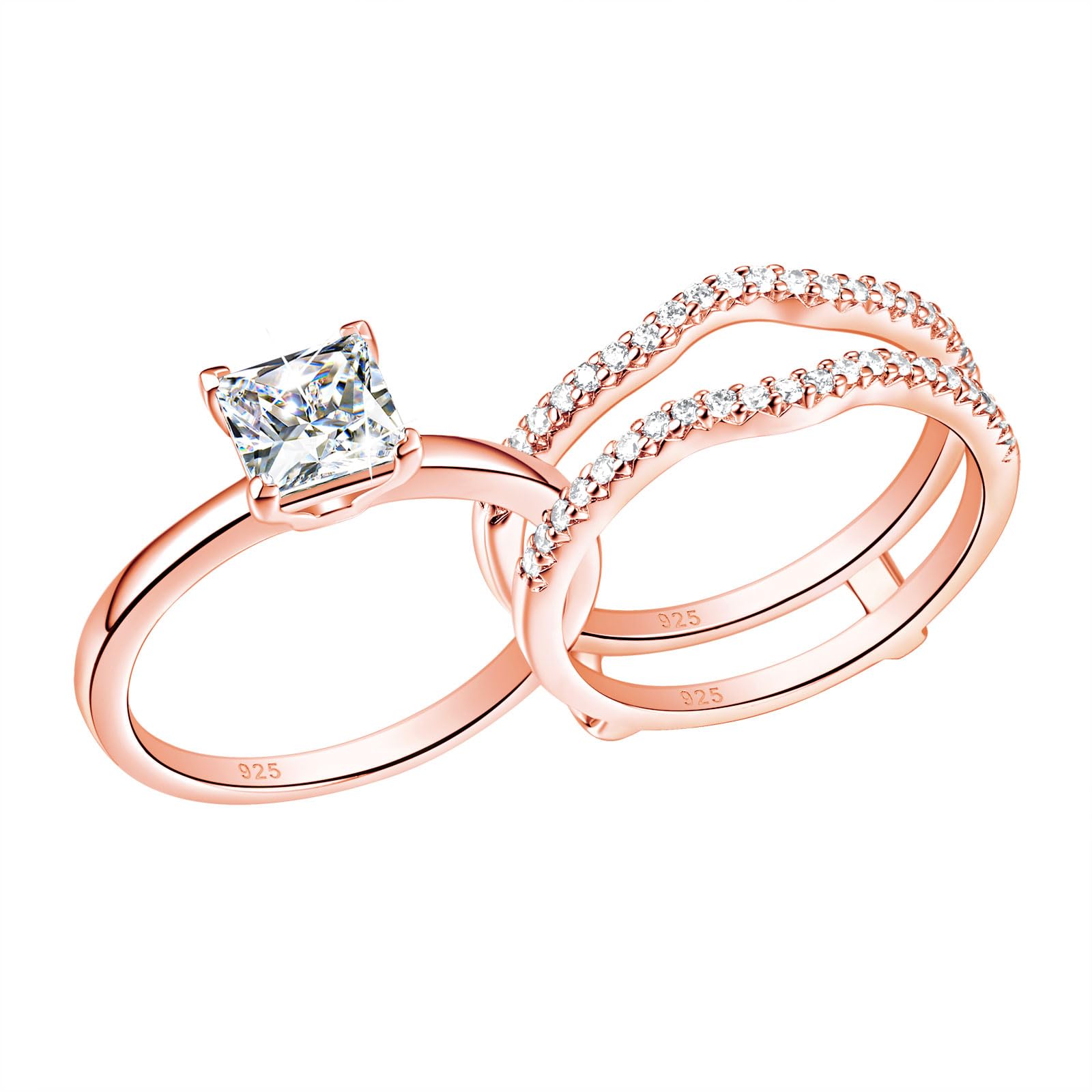 Princess Cut CZ Engagement Ring Set with Wedding Band & Ring Enhancer - Sterling Silver Sizes 5-12 | Perfect for Proposals, Anniversaries & Bridal Jewelry
