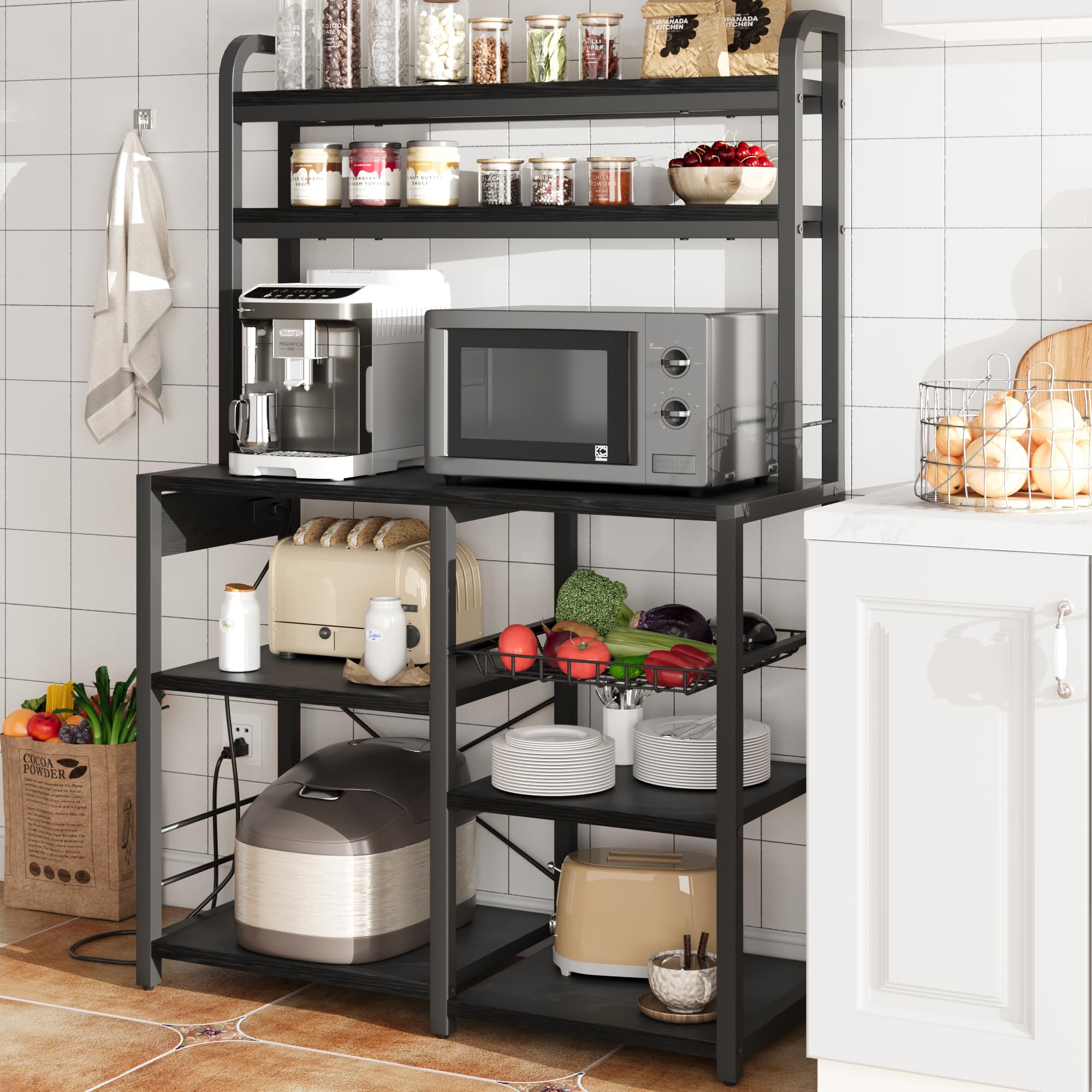 GAOMON 6-Tier Bakers Rack with Power Outlet & Wire Baskets - Freestanding Kitchen Storage Shelf for Microwave, Spices & Cookware - Retro Black Utility Shelf for Small Spaces & Apartment Living