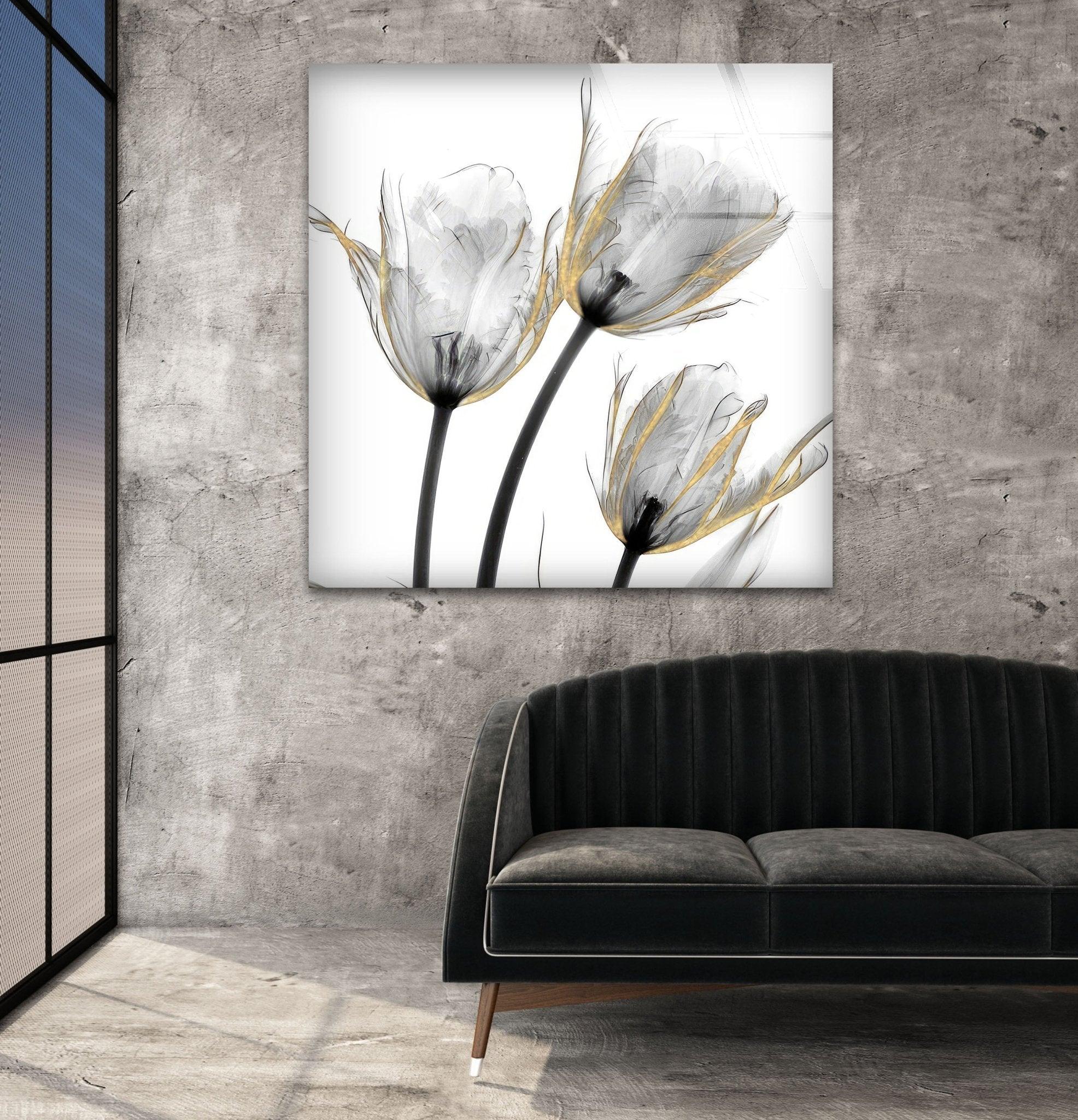 Albert Koetsier Gold Embellished Tulips Glass Wall Art - Handcrafted Floral Home Decor for Living Room, Bedroom & Office - Elegant Gift Idea for Housewarming & Wedding