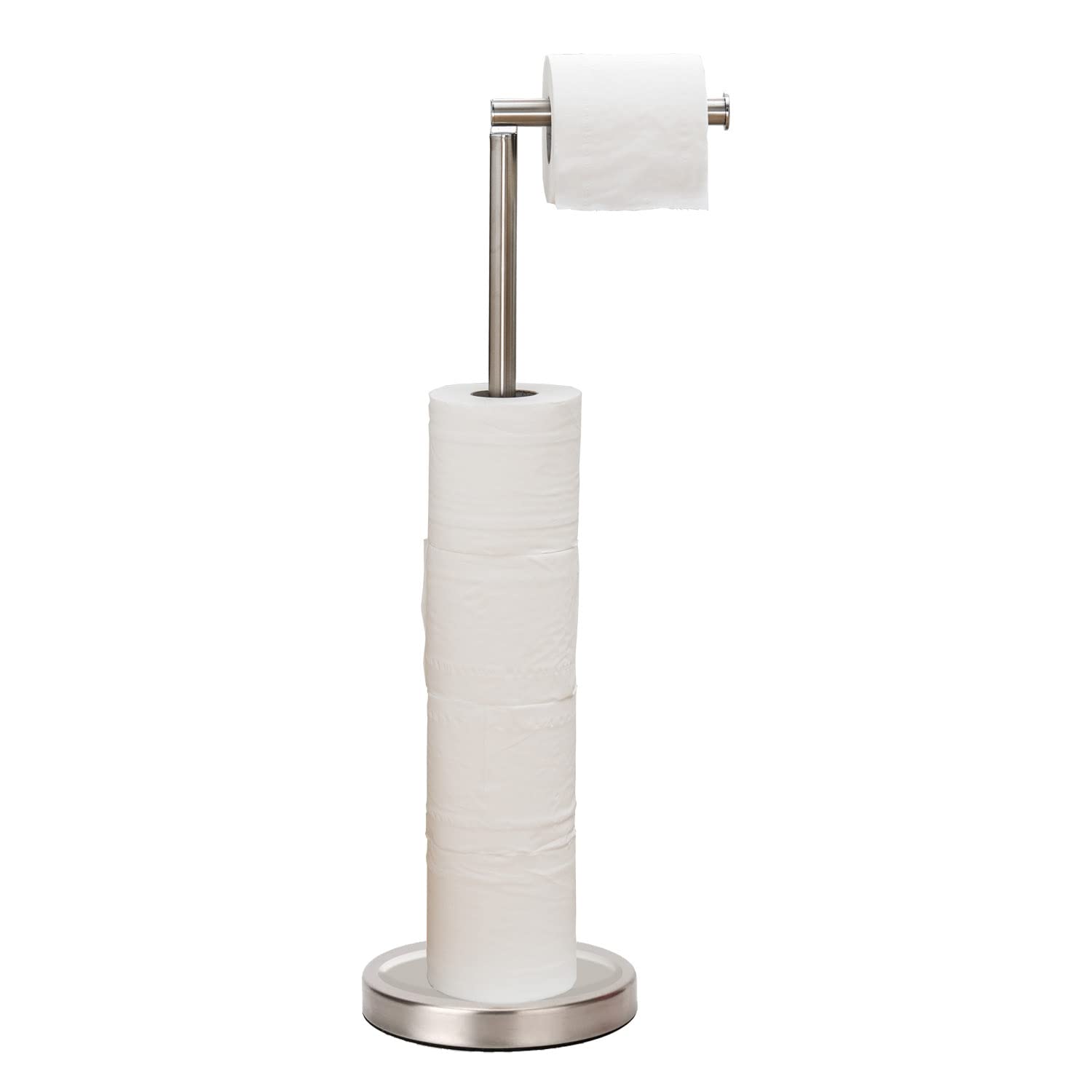 Freestanding Toilet Paper Holder Stand for Bathroom - Heavy Base Storage Organizer Holds 4 Rolls - Brushed Nickel Finish | Perfect for Small Bathrooms, RVs, and Guest Toilets