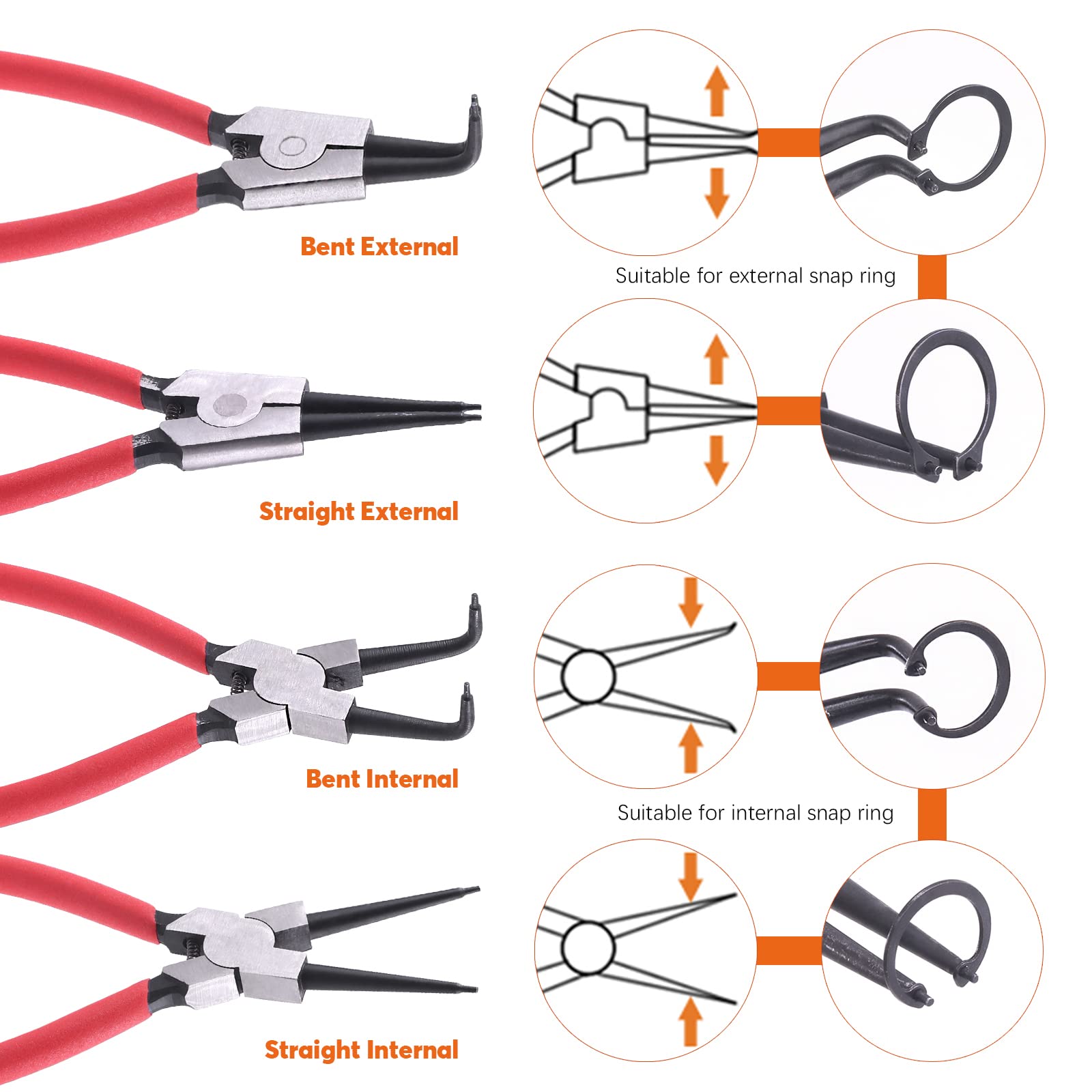 8Pcs Heavy Duty Snap Ring Pliers Set - 9 Inch Internal & External Circlip Pliers with Straight & Bent Jaw for Automotive, Machinery, and DIY Repairs - Perfect for Ring Removal and Retaining Clip Maintenance