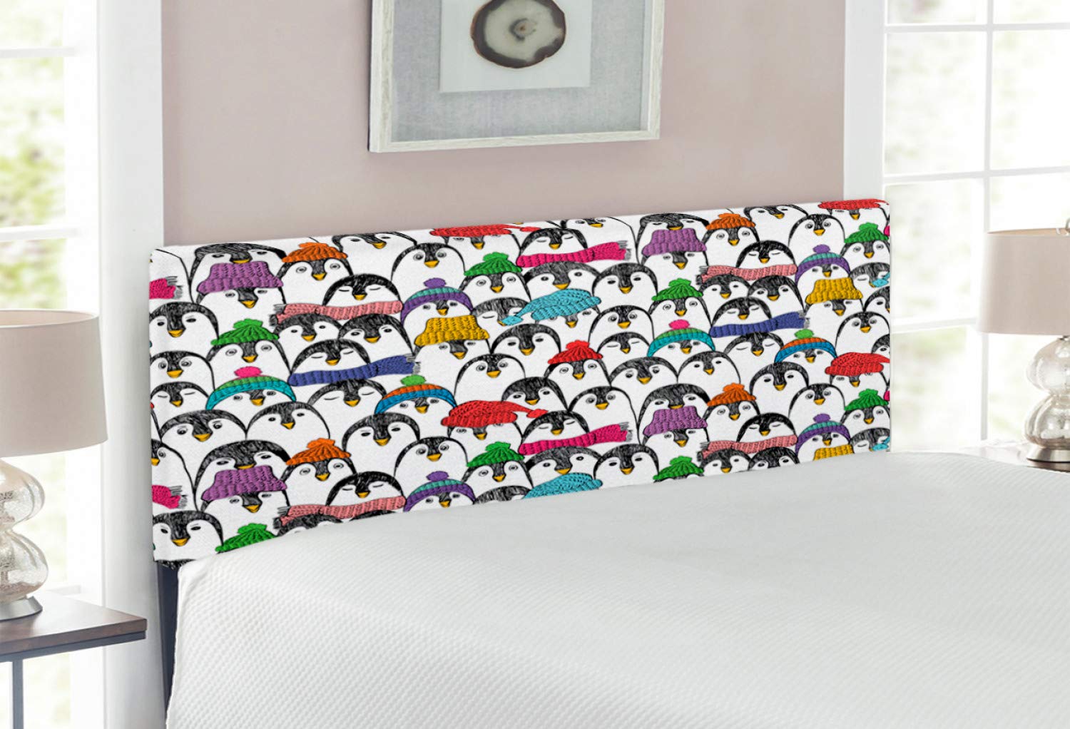 Ambesonne Sea Animals Headboard - Colorful Penguins in Hats & Scarves Winter Themed Upholstered Metal Bed Headboard with Memory Foam, Full Size Multicolor - Perfect for Kids' Bedroom & Winter Decor