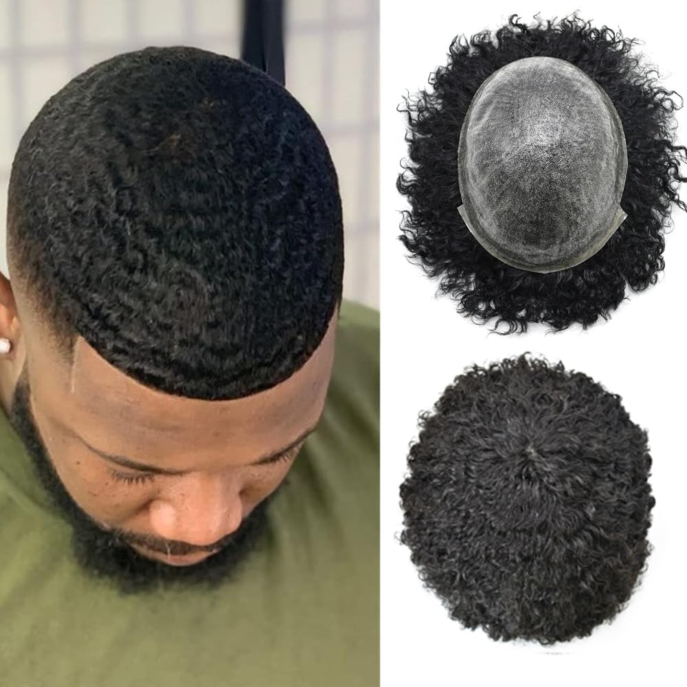 Afro Curl Toupee for Black Men - Brazilian Human Hair Replacement System | PU Injection Thin Skin Weave Hairpiece | Durable 10mm Coily Mens Toupee (Color #1B Off Black) | Perfect for Daily Wear, Special Occasions & African American Hairstyles