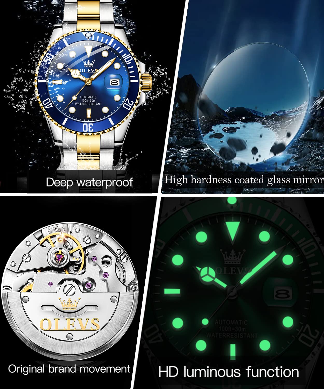 OLEVS Men's Automatic Self-Winding Mechanical Watch - Gold/Silver Stainless Steel Luxury Dress Watch with Big Face, Date Display, Waterproof & Luminous Rotating Bezel - Perfect for Business, Formal Events & Everyday Wear