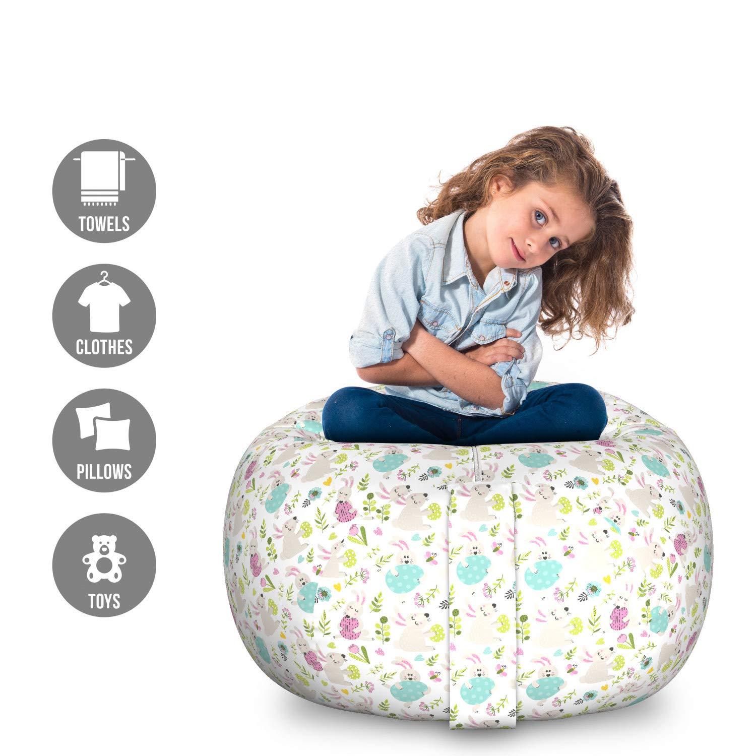 Ambesonne Large Washable Storage Toy Bag Chair - Easter Themed with Happy Bunny, Flowers, Eggs & Butterflies Design - Stuffed Animal Organizer for Kids' Room, Playroom & Nursery - Multicolor
