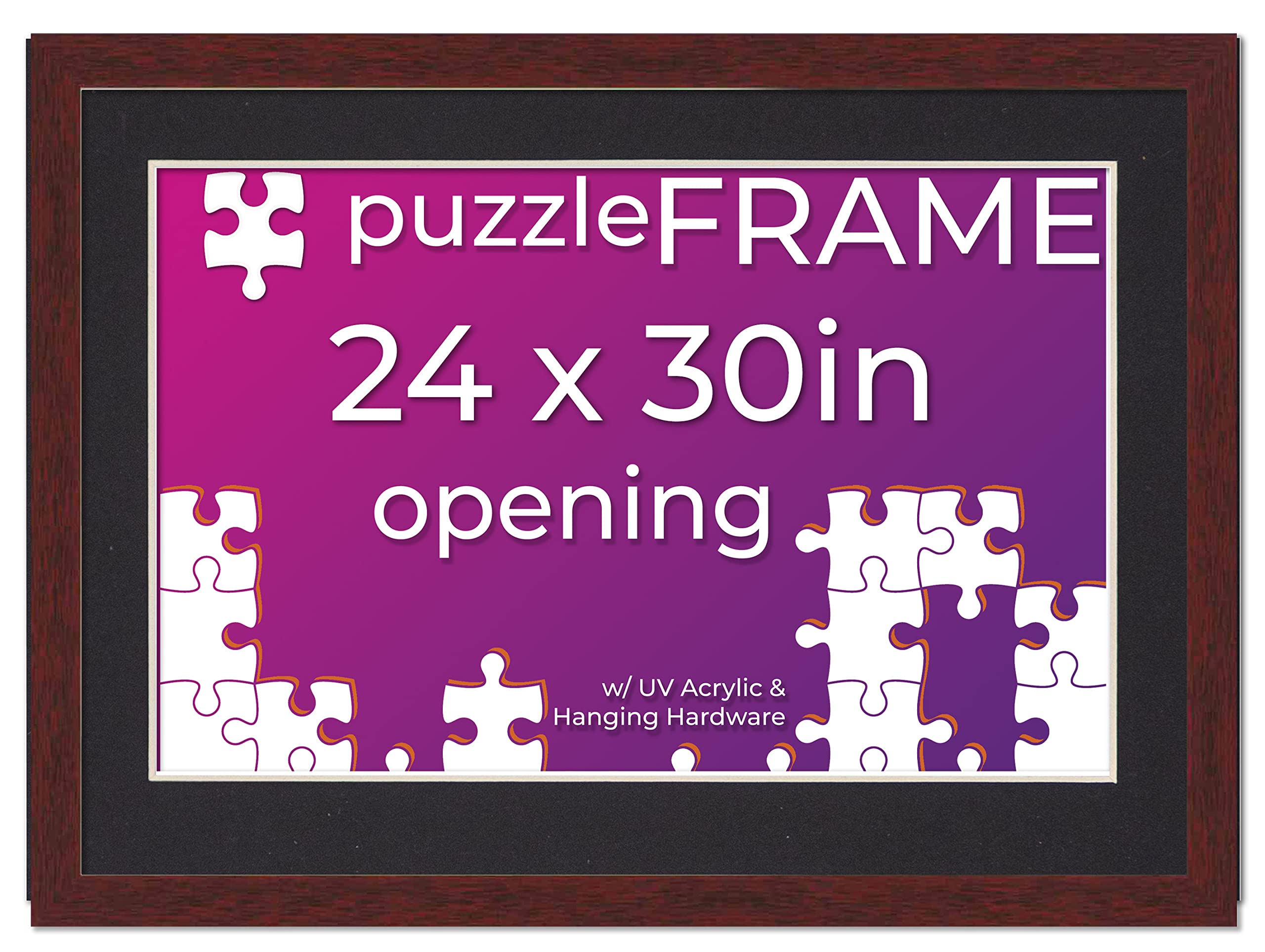 24x30 Jigsaw Puzzle Frame Kit with Puzzle Glue Sheets, Brown Wood Frame & Black Mat - Complete Display Set Includes UV Acrylic, Backing & Hanging Hardware | Perfect for Framing Finished Puzzles as Wall Decor in Living Rooms, Game Rooms or Gifts