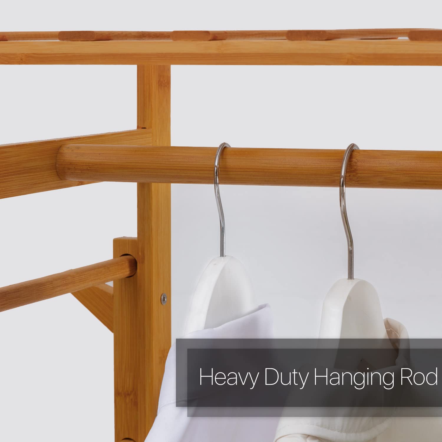 MoNiBloom Bamboo Clothes Rack - Freestanding Wardrobe Organizer with 2 Drawers & Hanging Rod, 5-Tier Storage Shelves for Bedroom, Living Room, Closet - Space Saving Brown Wooden Garment Rack (Perfect for Small Apartments, Dorm Rooms & Home Organization)