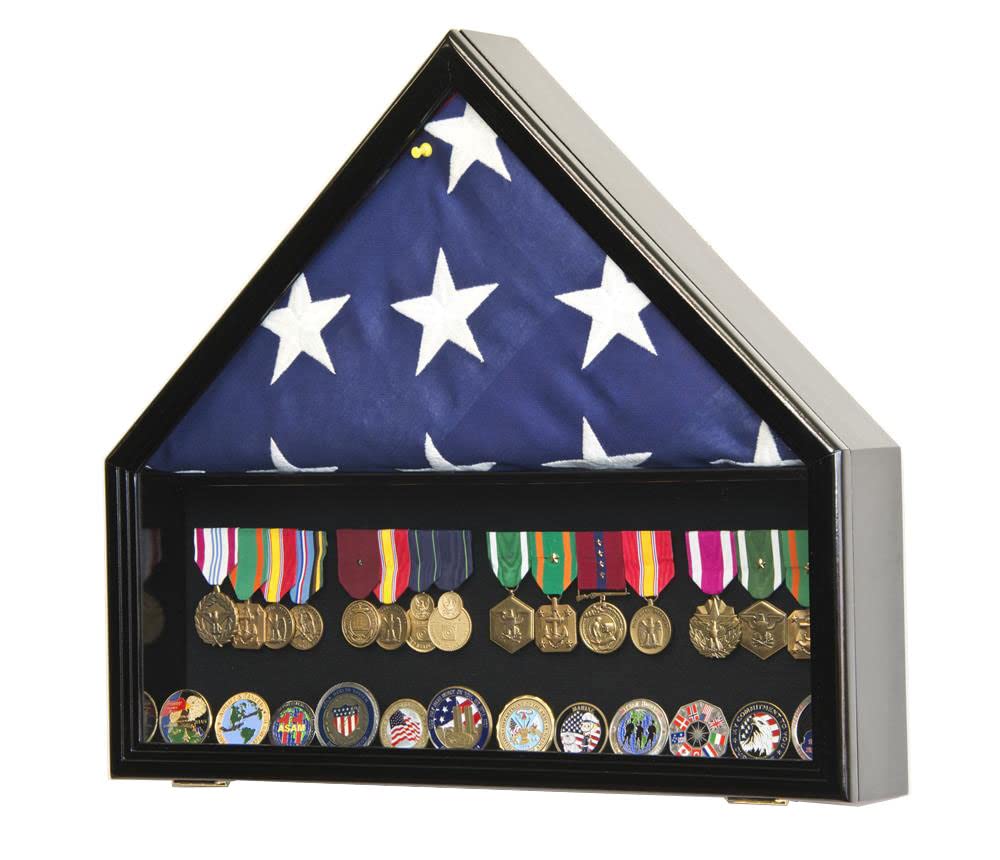 Military Display Case Cabinet Rack - Flag, Medals, Pins, Patches & Challenge Coin Organizer (Black Finish) - Perfect for Home, Office & Military Memorabilia Collection