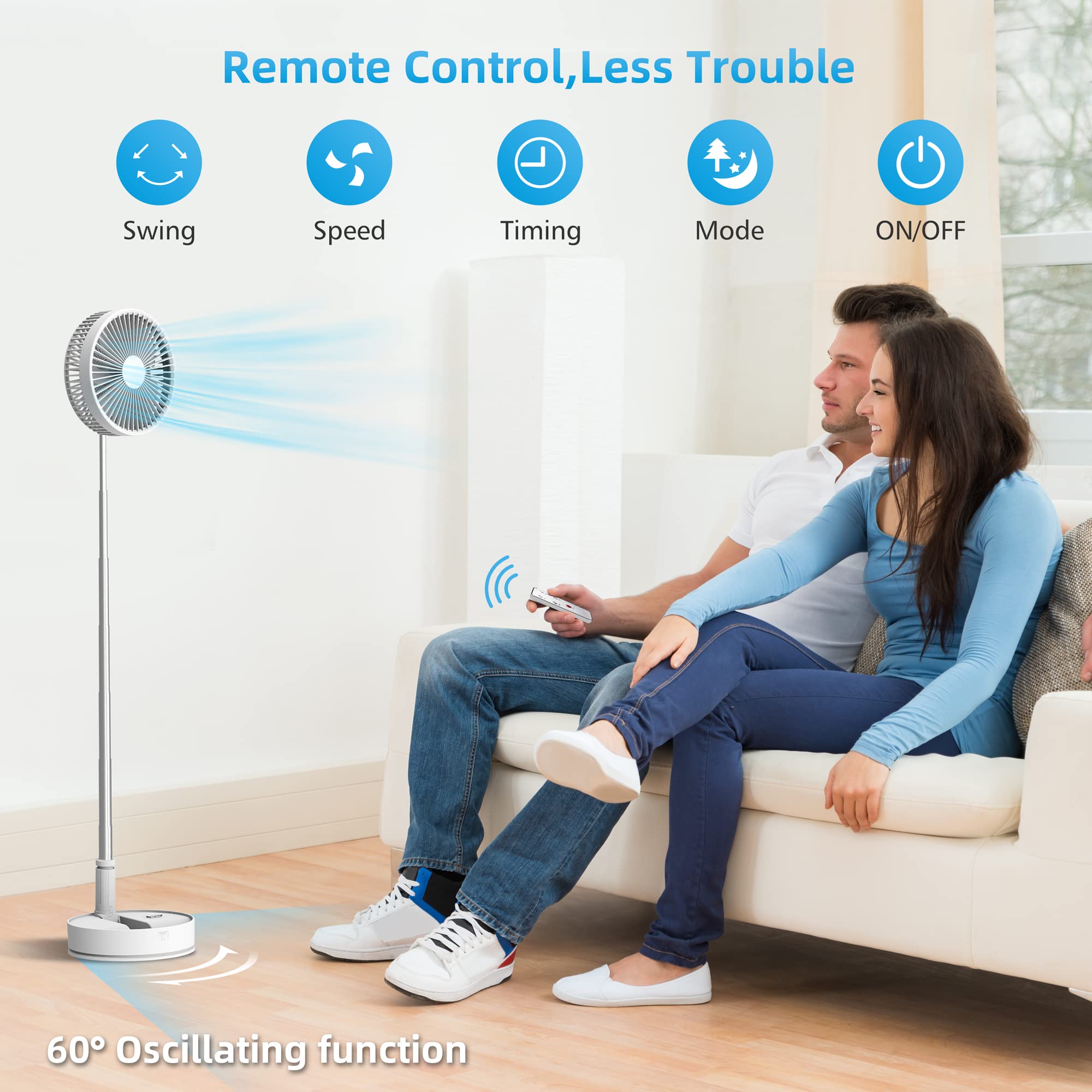 Rechargeable 7200mAh Cordless Foldable Portable Fan - Remote Control Oscillating Desk/Floor Standing Fan with USB Charging | Perfect for Bedroom, Office, Travel, Camping & Outdoor Use