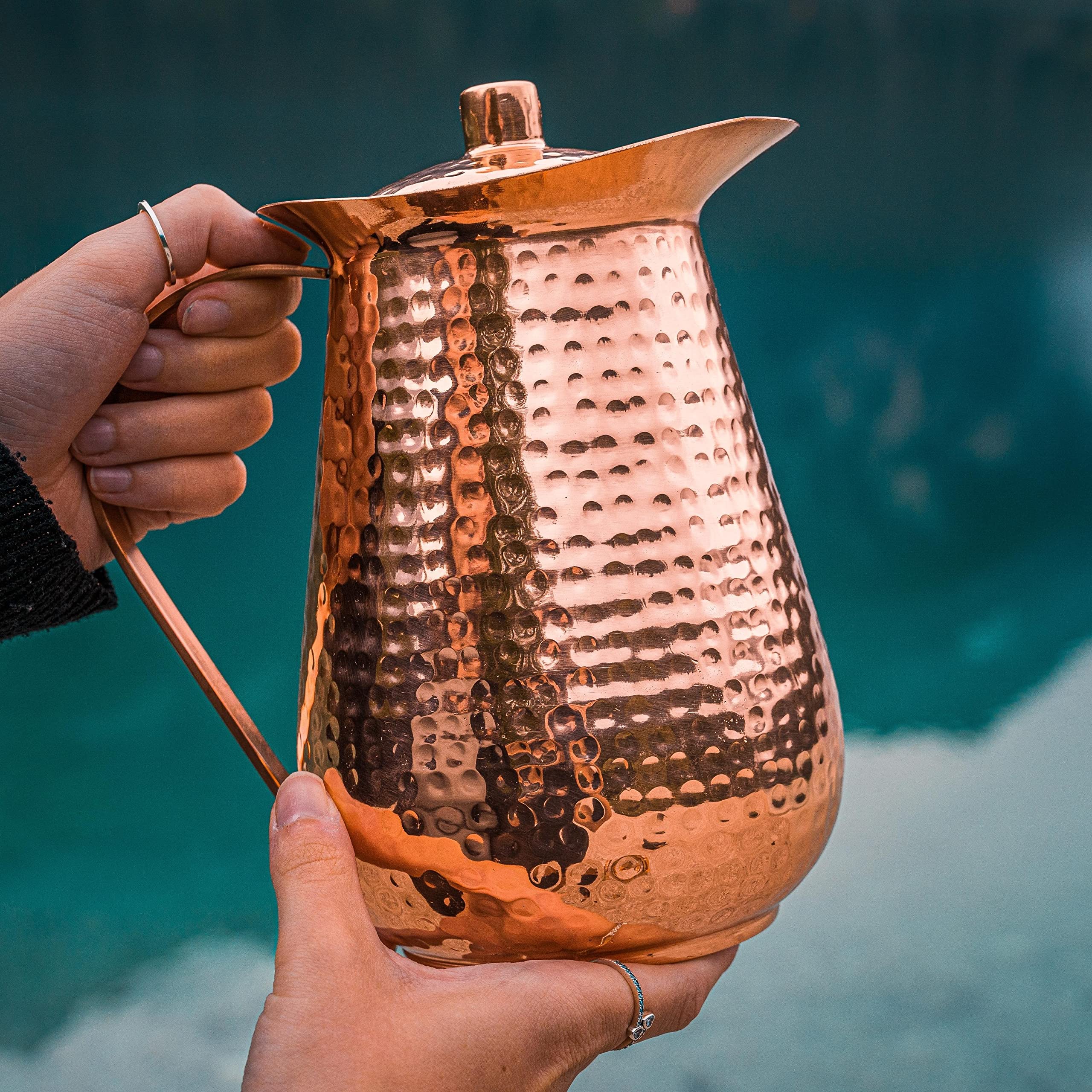 68oz Pure Copper Handmade Hammered Pitcher with Lid & 12oz Cups - Promote Hydration, Reduce Sugar Intake & Boost Health Benefits - Perfect Bedside Carafe for Water, Juice & Wellness Drinks
