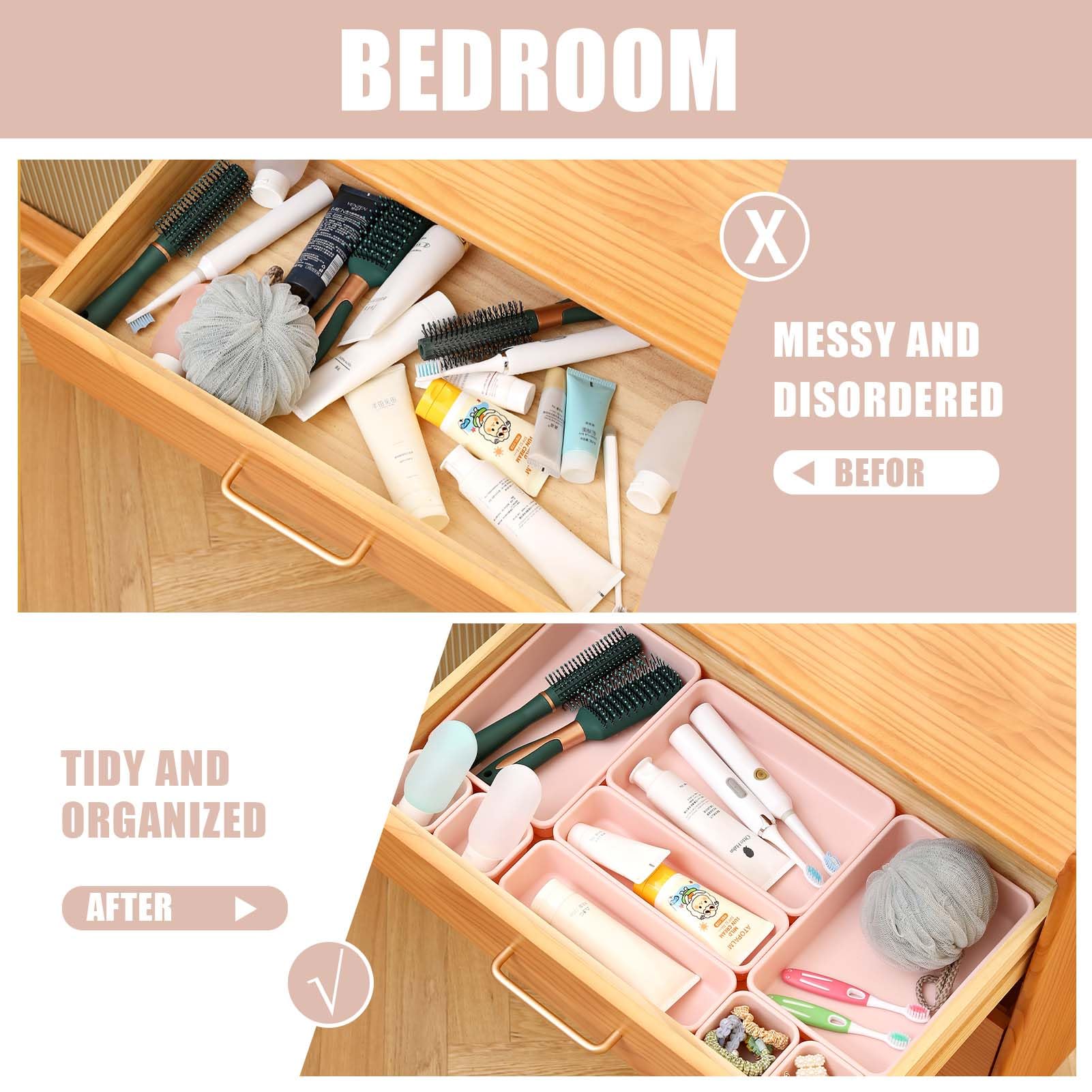Famhap 16-Piece Pink Drawer Organizer Set - Versatile Storage Trays for Makeup, Bathroom Vanity, Kitchen Utensils & Office Supplies | Perfect for Bedroom, Bathroom & Kitchen Organization (Pink)