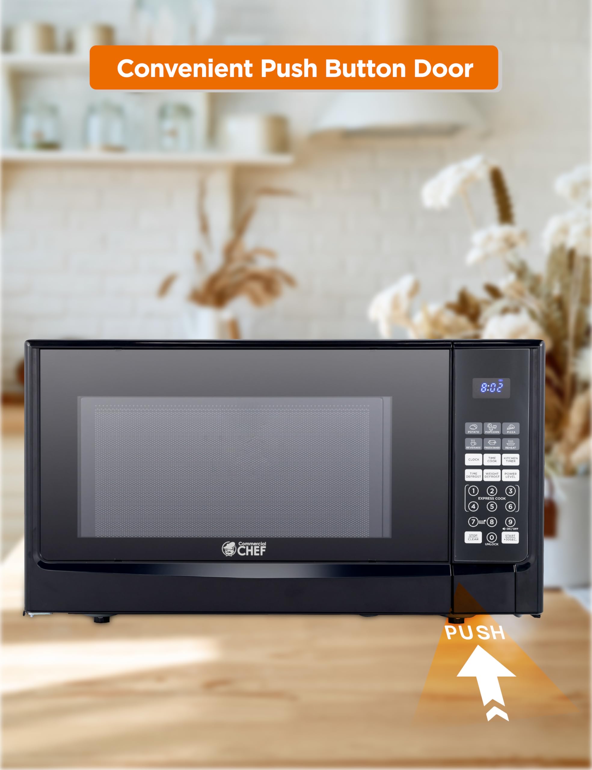 Commercial Chef 1.4 Cu Ft Countertop Microwave - 1100W with 10 Power Levels & Digital Control Panel, Push Button Operation, Timer Function - Perfect for Small Kitchens, Dorms, Offices & Home Use (Black)