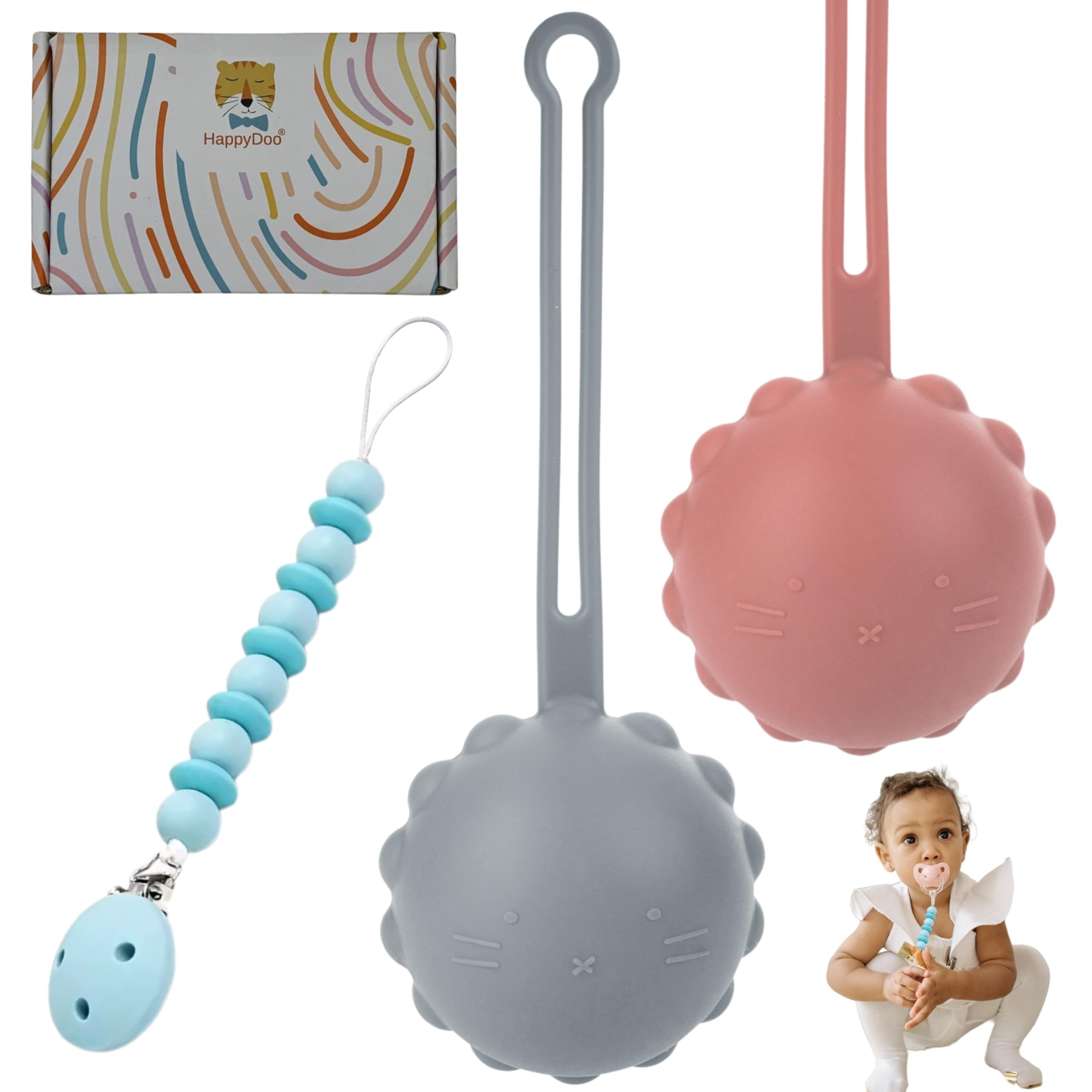 HappyDoo 2-in-1 Silicone Pacifier Holder & Clip Set - BPA Free, Flexible & Easy Clean (3-Pack with Gift Box) - Perfect for Baby Strollers, Car Seats & Diaper Bags
