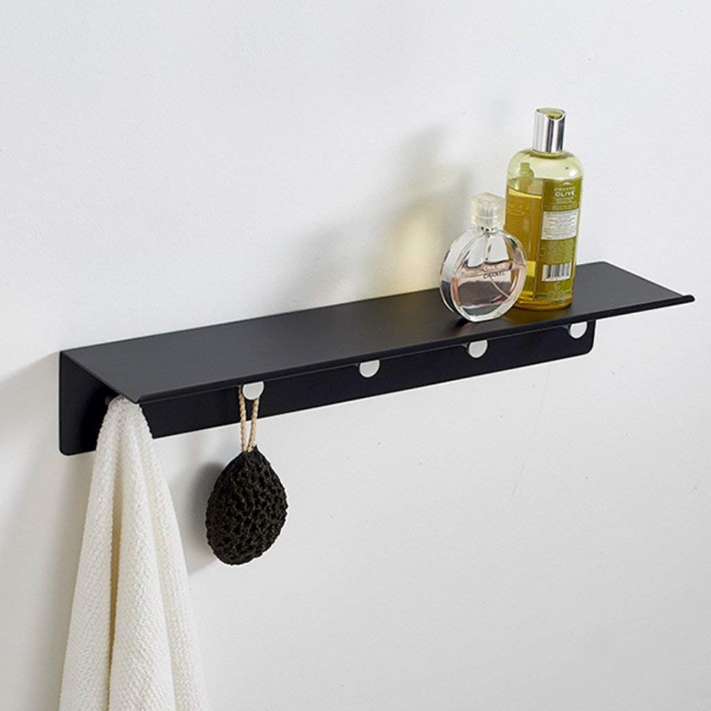Black Aluminum Wall Mount Shelf with 5 Hooks - Multifunctional Bathroom Organizer for Towels, Robes & Toiletries | Space-Saving Storage Solution