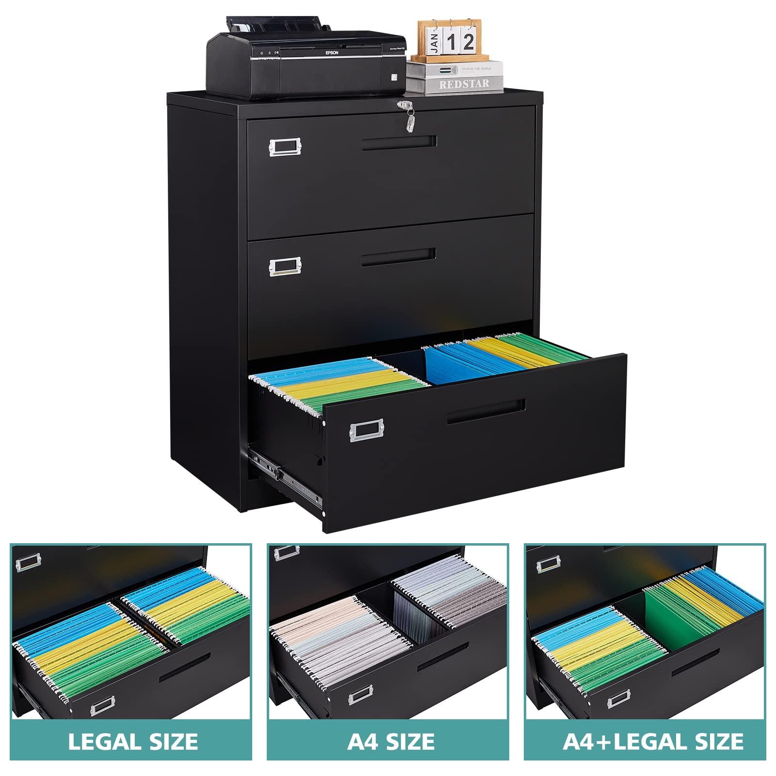 MIIIKO 3-Drawer Lateral File Cabinet - Locking Metal Filing Cabinet for Home Office, Large Storage Organizer for Hanging File Folders, Easy Assembly - Perfect for Document Storage & Office Organization