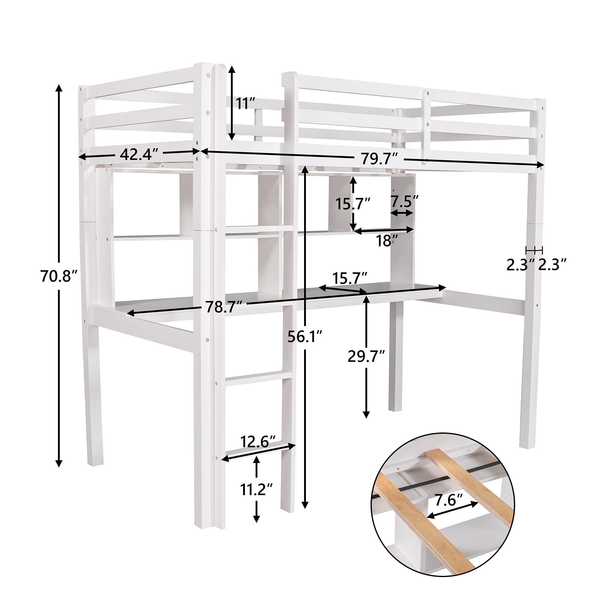 Twin Size Loft Bed with Built-in Desk & Shelves | Solid Wood Frame with Ladder & Safety Rail | No Box Spring Required | Perfect for Small Bedrooms, Dorms & Kids Rooms (White)