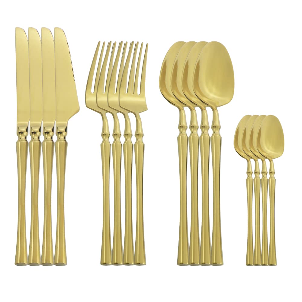 Premium 16-Piece Stainless Steel Flatware Set - 18/10 Gold Silverware for 4 (Forks, Knives, Spoons) - Elegant Dinnerware Cutlery for Home, Kitchen, Parties & Formal Dining