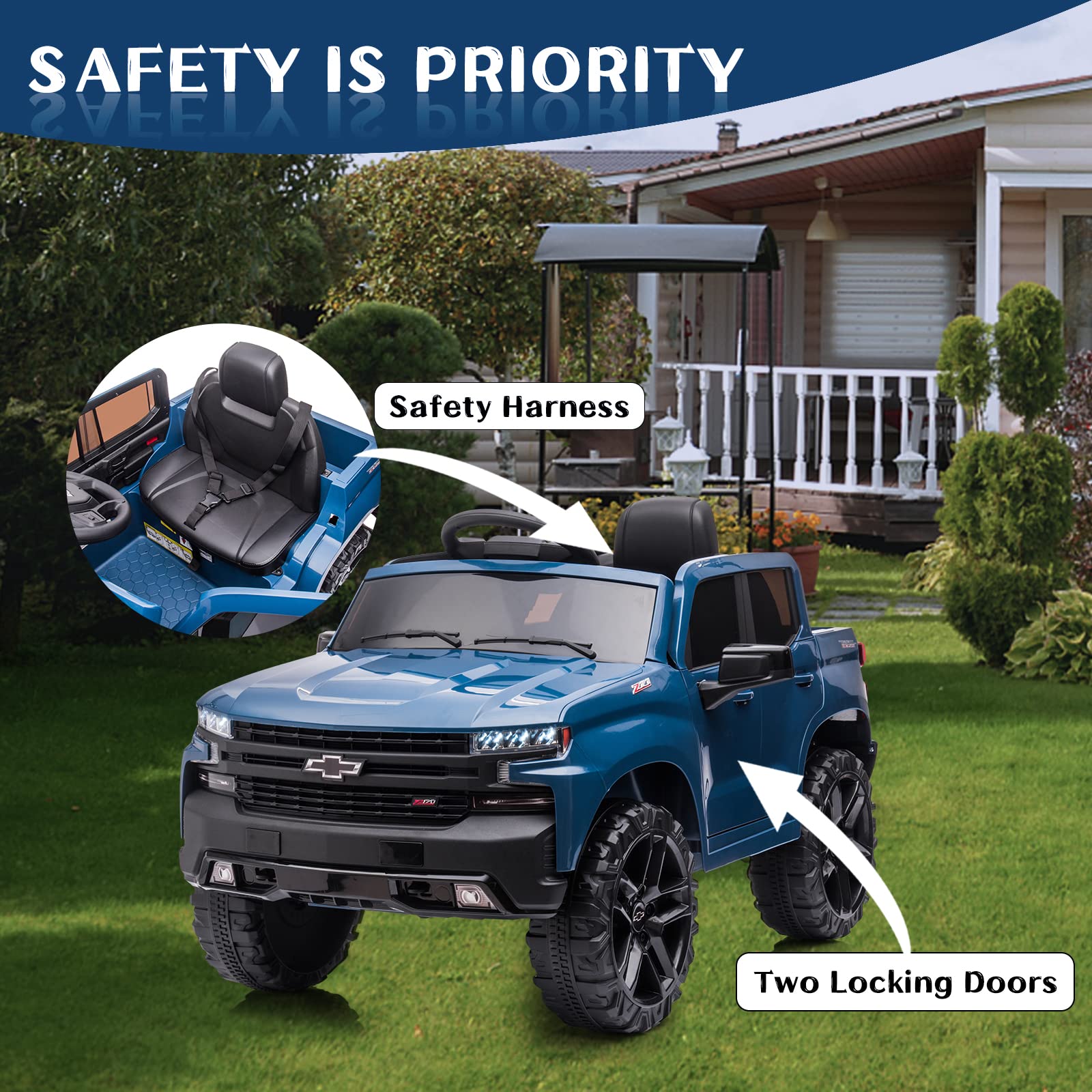 12V Licensed Chevy Silverado Kids Ride On Car - Remote Control Electric Vehicle Toy with 4-Wheeler Suspension, Music & LED Lights, 3 Speed Settings (Blue) | Perfect for Outdoor Play, Birthday Gifts & Family Fun Activities