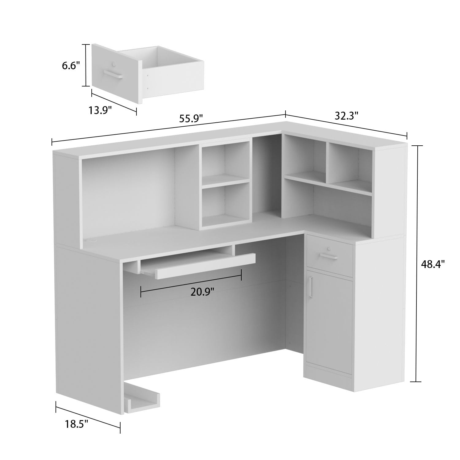 MOUMON L-Shaped Reception Desk with Storage, Keyboard Tray & Shelves - 55.9