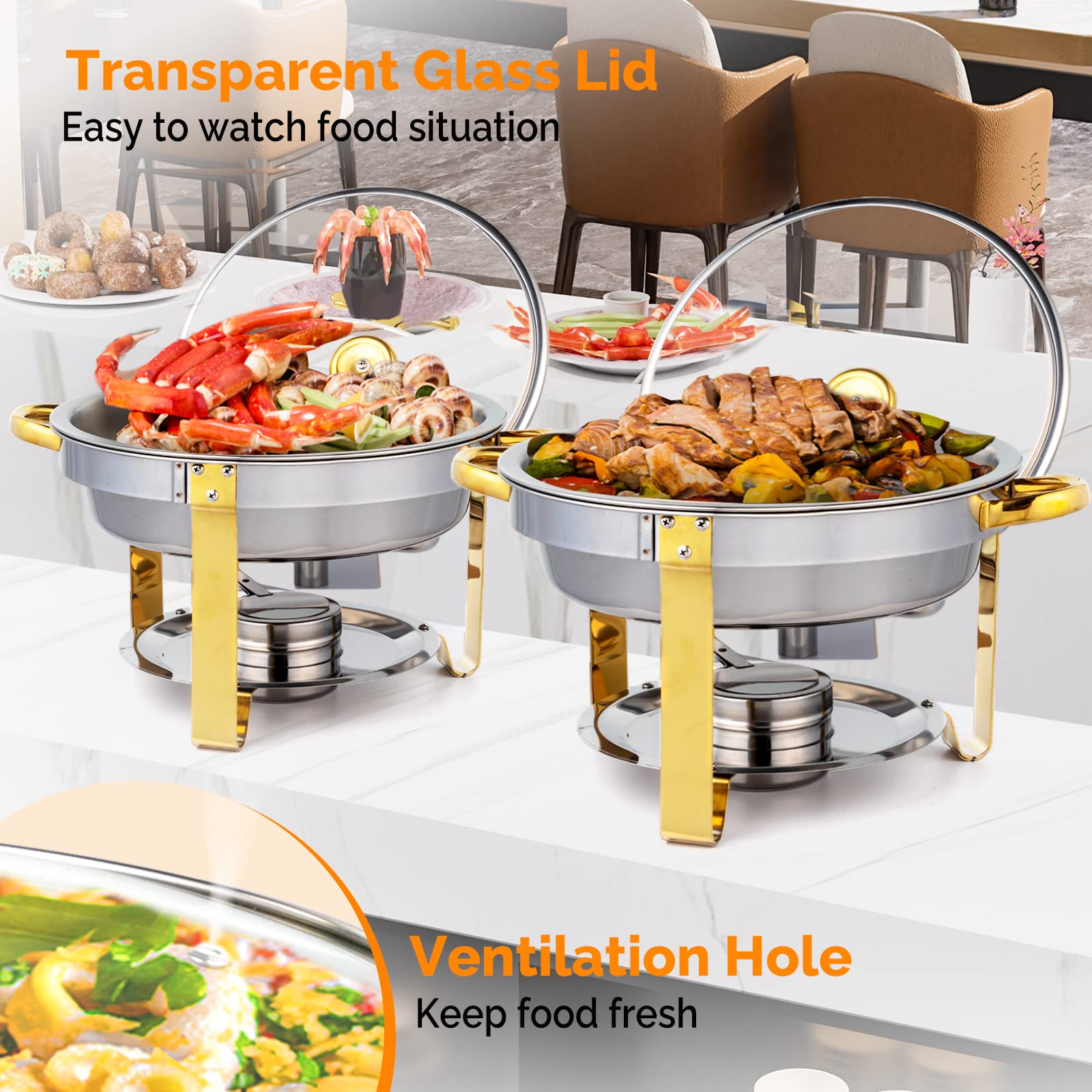 ROVSUN 5QT 4-Pack Stainless Steel Buffet Chafing Dish Set with Glass Lid & Holder - NSF Certified Round Food Warmer for Catering, Weddings, Parties & Events - Elegant Gold Accent for Professional Serving & Buffet Display