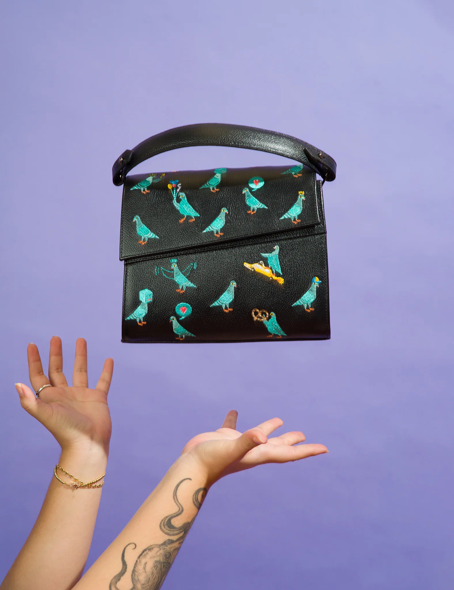 Anastasio Mini Crossbody Handbag - Black Genuine Leather with Pigeonista Embroidery | Stylish & Compact Purse for Women | Perfect for Everyday Use, Travel & Date Nights