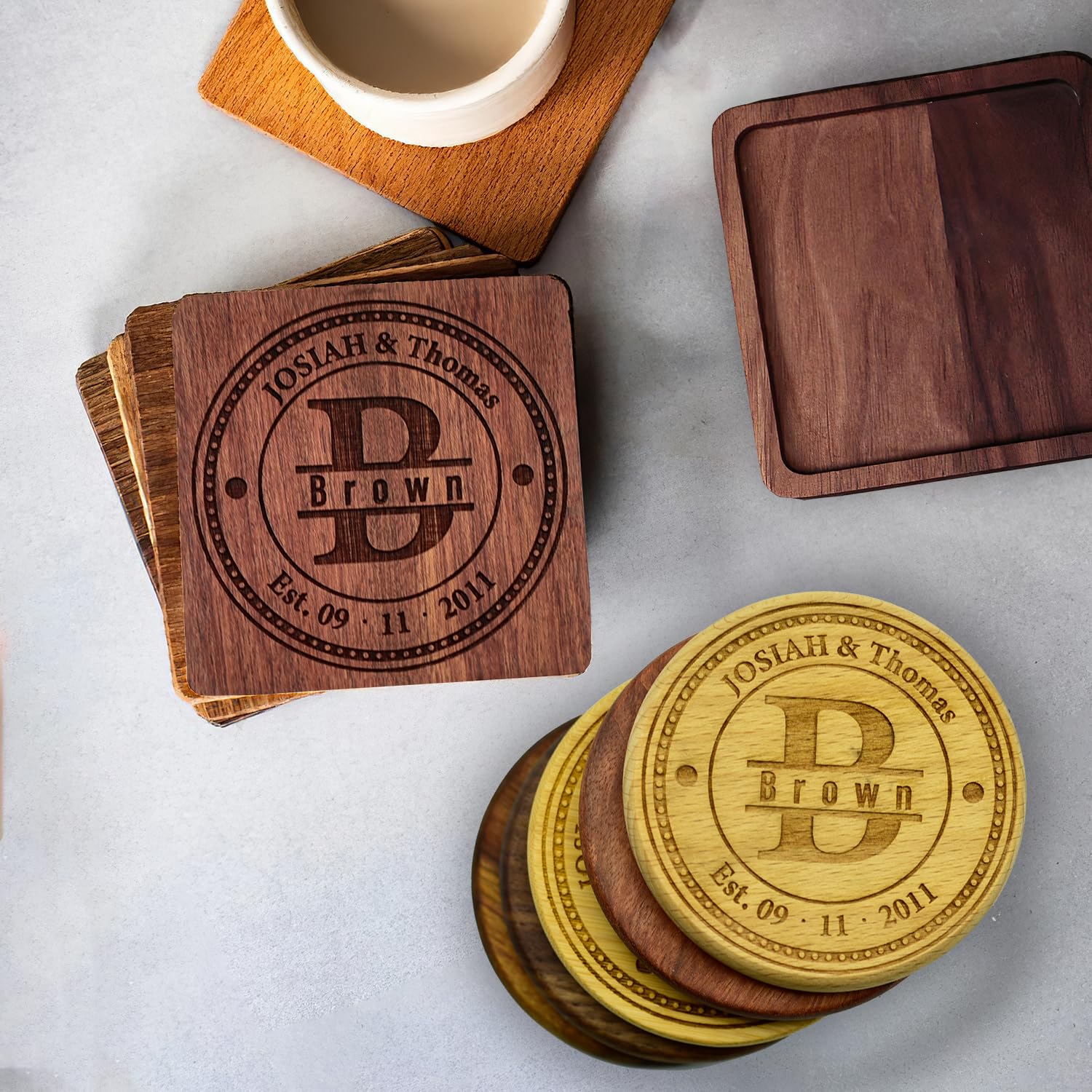 Custom Wooden Coasters Set - Personalized Wedding & Anniversary Gifts for Couples - Bar & Home Decor