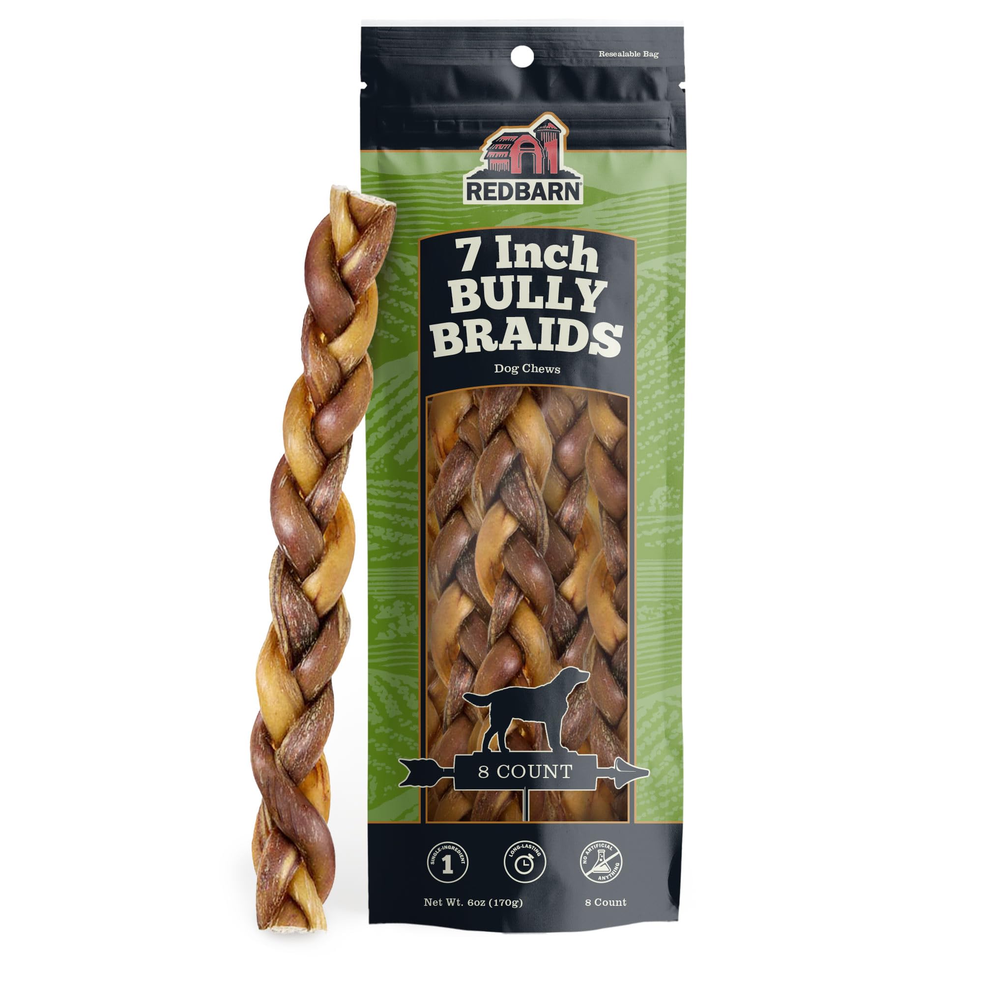 Redbarn All-Natural 7-Inch Braided Bully Sticks for Dogs - Premium Slow-Roasted Long-Lasting Beef Chews - 100% Beef Single-Ingredient Dog Treats - Low Odor Rawhide-Free Dental Chews (8 Count) - Great for Teething Puppies, Aggressive Chewers & Dental Health - Packaging May Vary