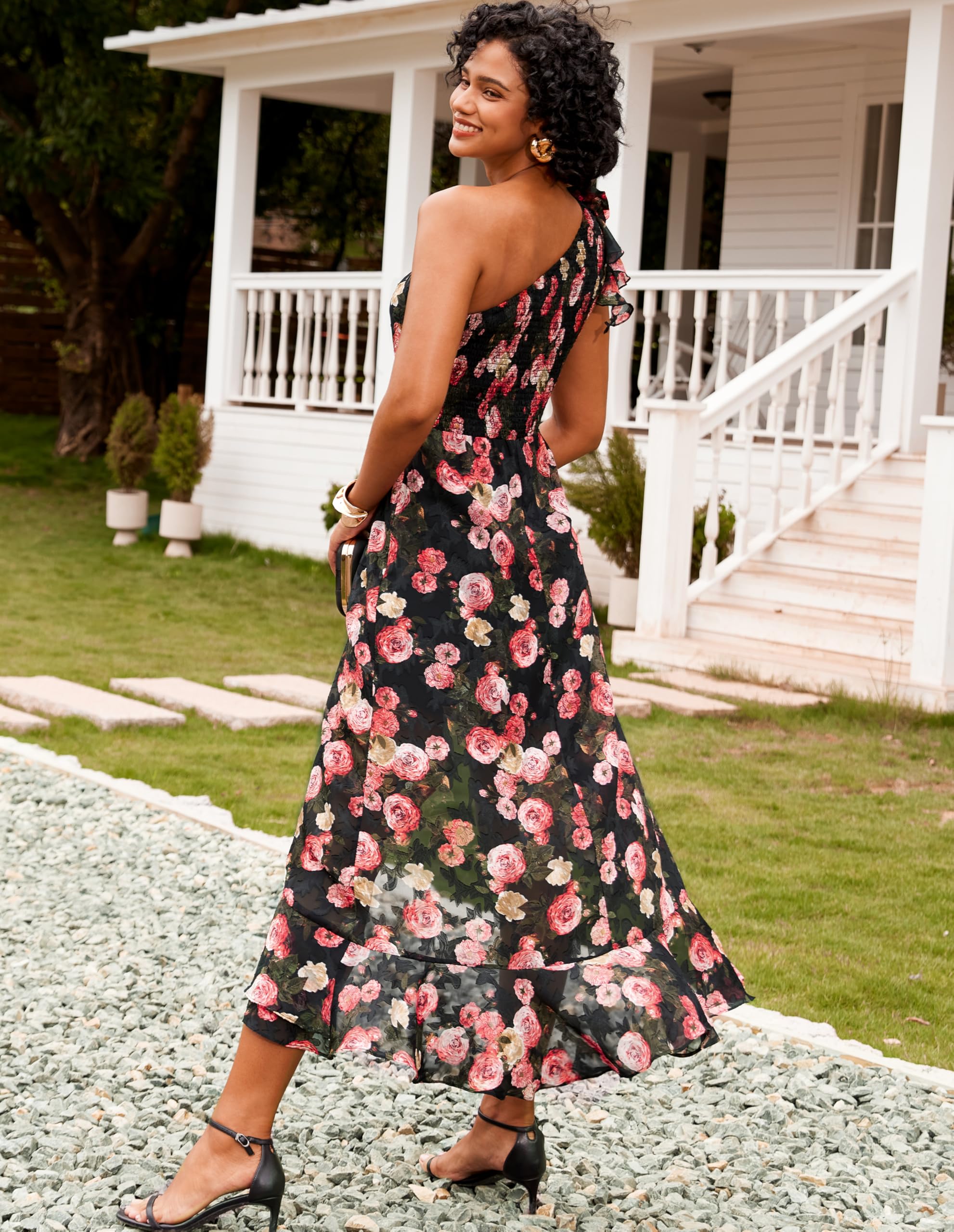 GRACE KARIN Women's Floral One Shoulder Sleeveless Ruffle Maxi Dress - Summer Wedding Guest Dress, Beach Cover Up, Vacation Sundress for Parties & Special Occasions