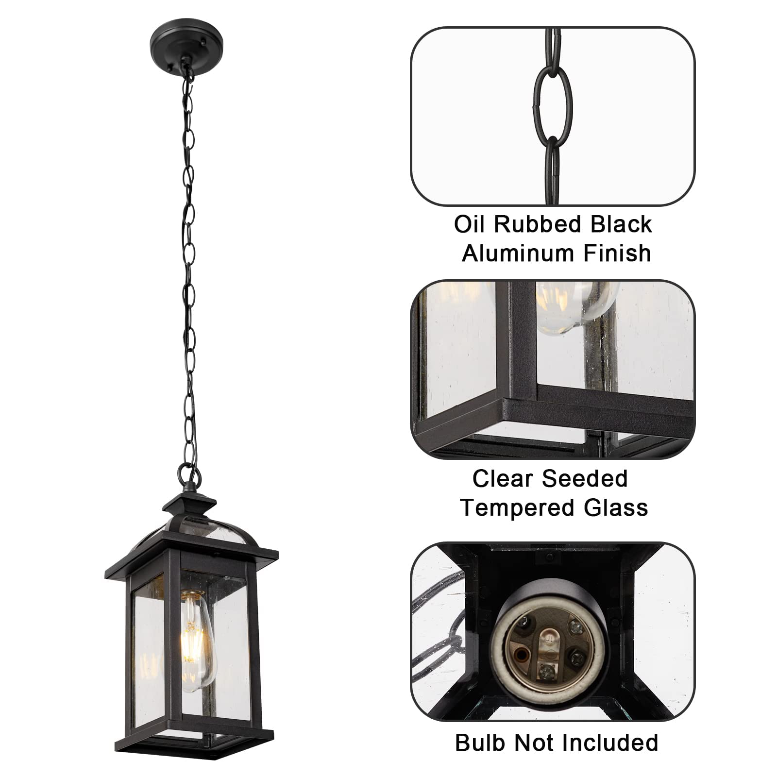 Darkaway Outdoor Pendant Light Fixture - 2 Pack Black Aluminum Hanging Lantern with Glass Shade for Porch, Patio, Entryway - Weatherproof Exterior Lighting for Home & Garden Decor