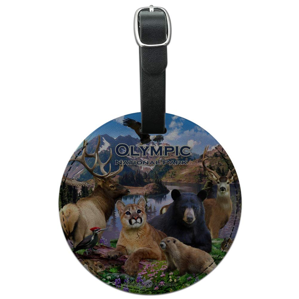 Olympic National Park Washington WA Round Leather Luggage Tag - Personalized Travel ID Card Holder for Suitcases, Backpacks & Bags - Perfect for Vacation, Business Trips & Adventure Travel