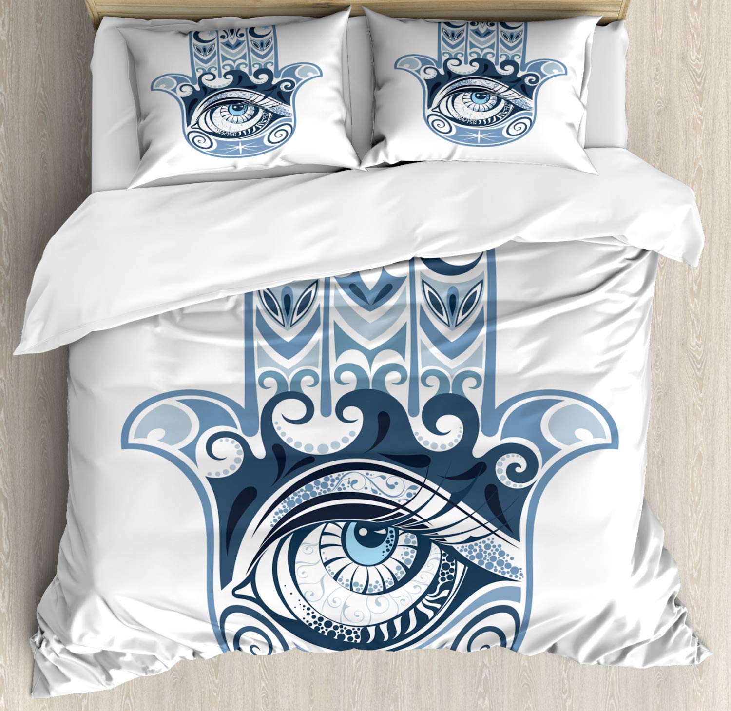 Ambesonne Evil Eye Duvet Cover Set - Hand-Painted Cultural Luck Charm Bedding, 2 Duvet Covers & 4 Pillowcases, 2-Pack California King Size in Dark Blue & Pale Blue - Perfect for Bedroom Decor, Spiritual Protection & Unique Gift Ideas