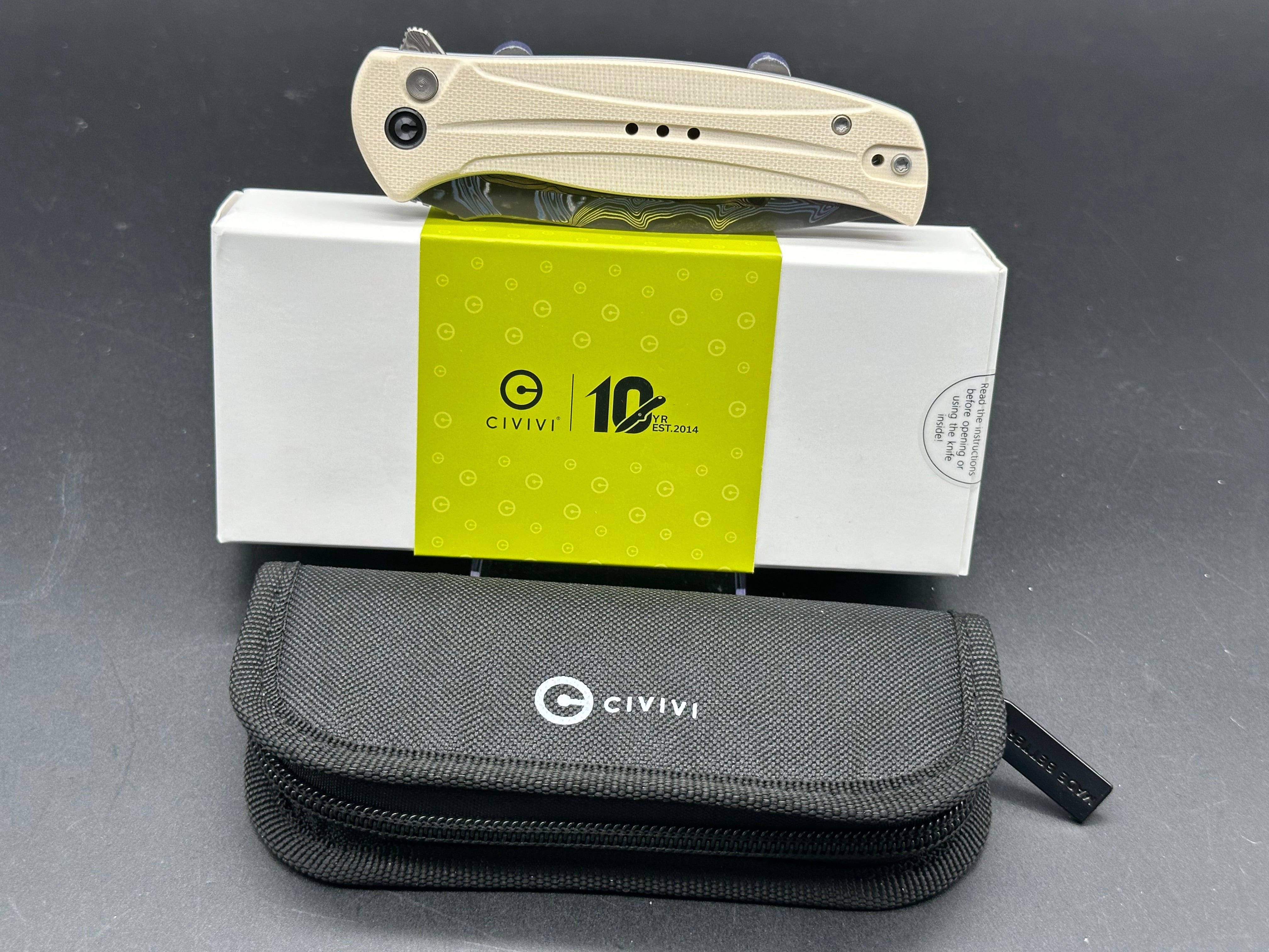 CIVIVI Incindie Button Lock Folding Knife - Off White G10 Handle, Damascus Steel Spear Point Plain Edge - EDC, Outdoor, Camping & Survival Tool