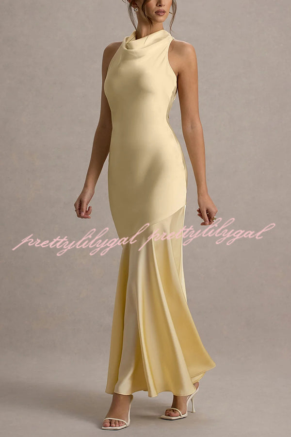 Elegant Satin Cowl Neck Maxi Dress with Back Tie Detail - Perfect for Evening Parties, Weddings & Special Occasions