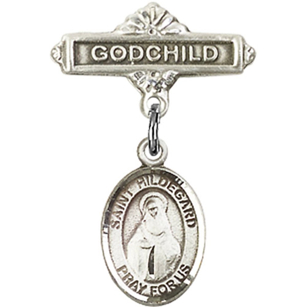 St. Hildegard Von Bingen Sterling Silver Baby Badge & Godchild Pin - 1 X 5/8 Inch - Perfect for Christenings, Baptisms & Religious Gifts