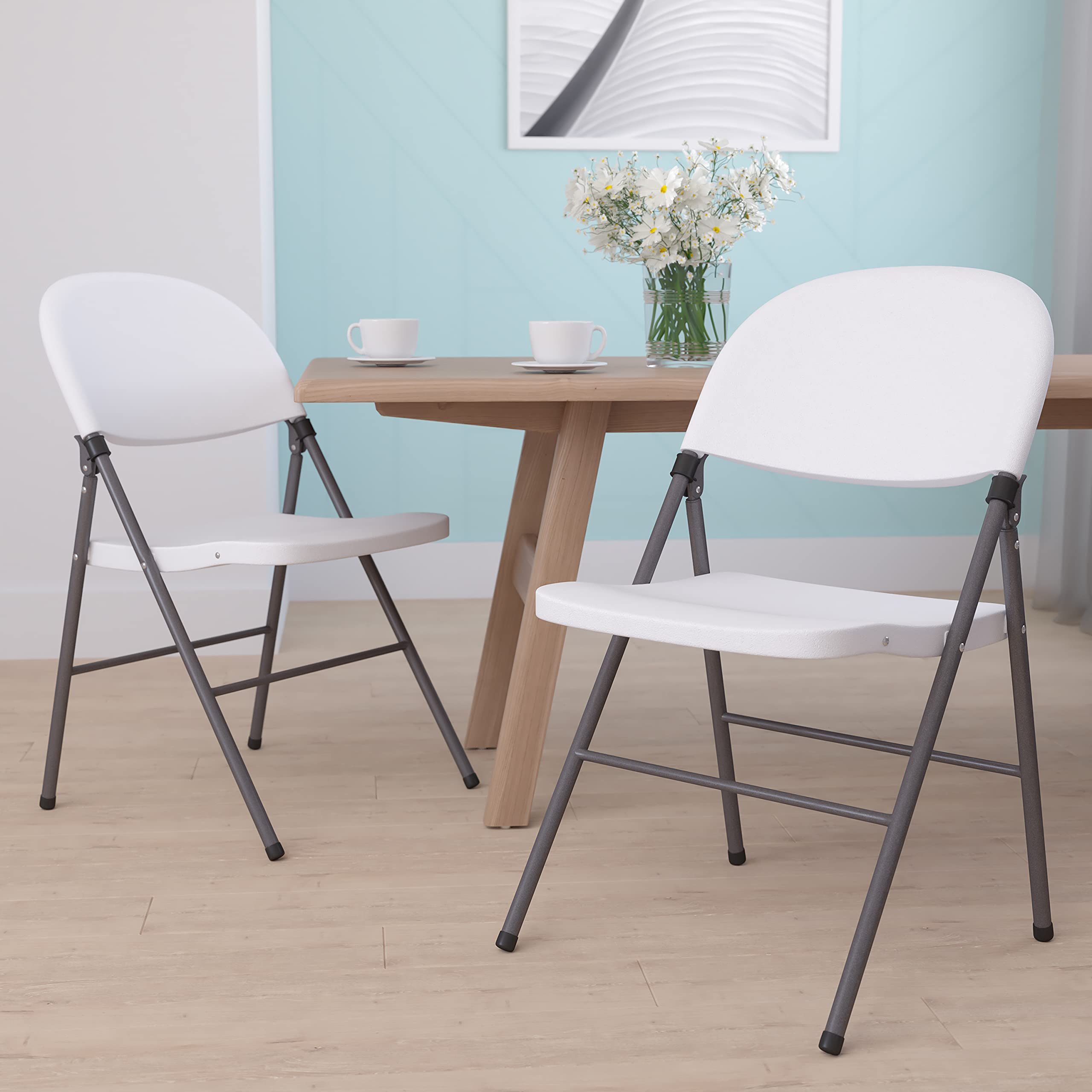 EMMA + OLIVER 2 Pack Commercial White Plastic Folding Chairs - Heavy Duty Stackable Event & Party Chairs for Weddings, Banquets, and Outdoor Gatherings