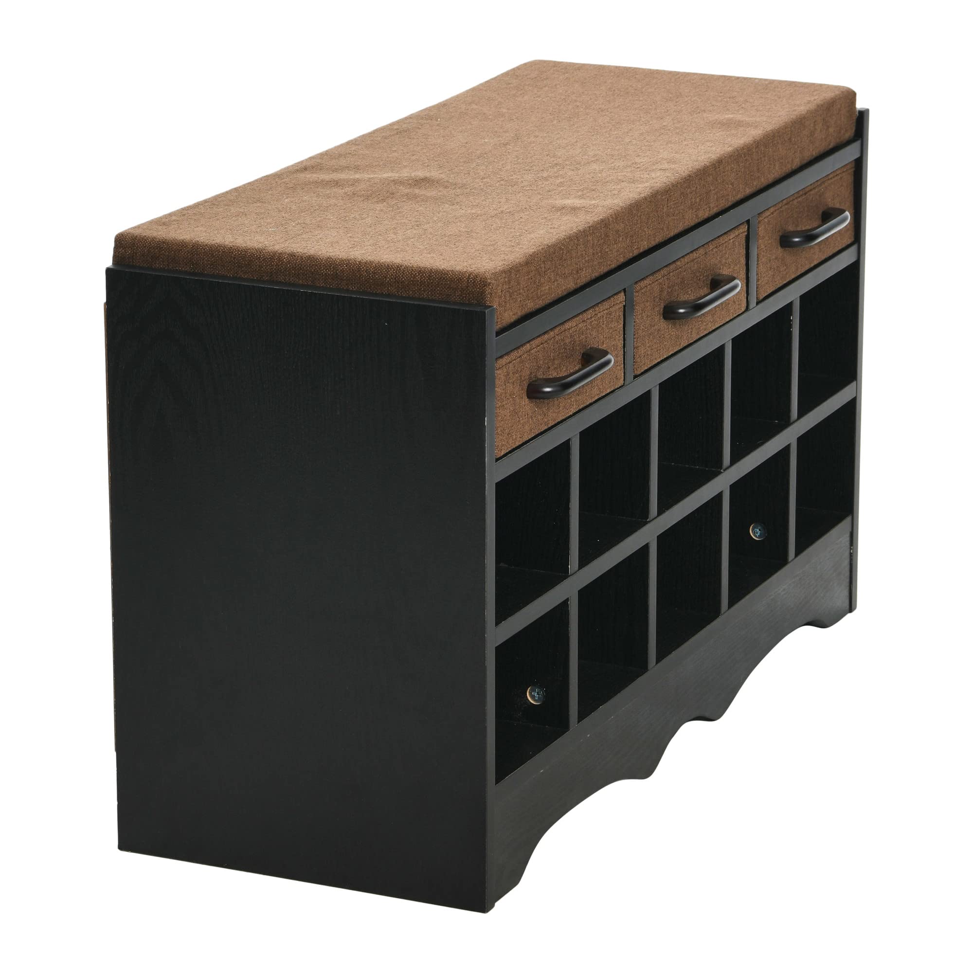 Black Oak Wood Grain Entryway Storage Bench with 3 Drawers & 10 Shoe Compartments - Cushioned Seat for Hallway Organization | Perfect for Small Spaces, Mudrooms & Shoe Storage