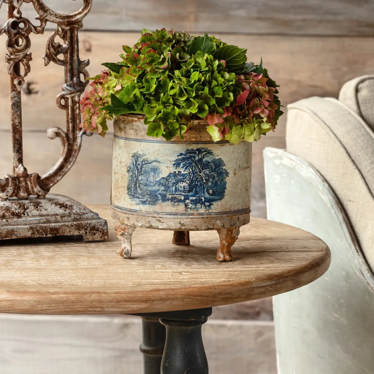 Vintage Blue Round Metal Tole Container with Floral Design - Perfect for Home Decor, Kitchen Storage & Farmhouse Style Organizing