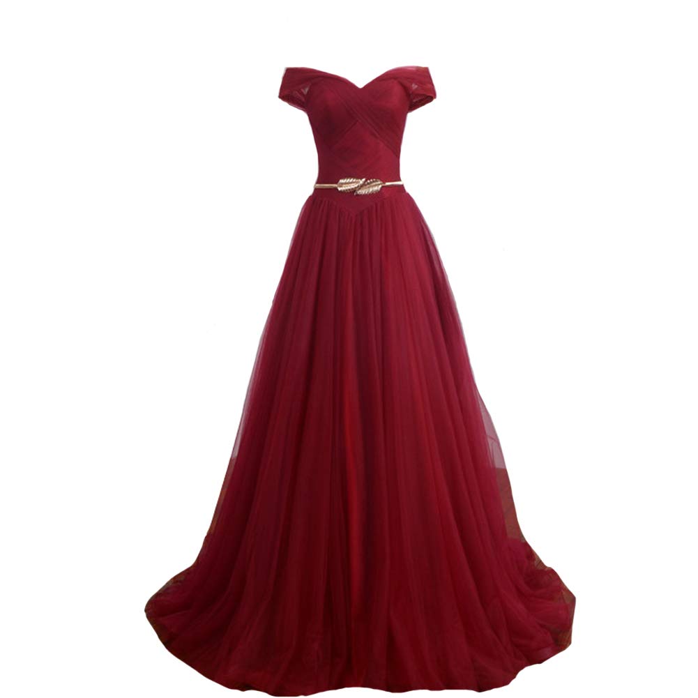 Kivary® Off Shoulder Gold Sash Long Corset Formal Prom Evening Dresses for Women - Elegant Ball Gown for Homecoming, Wedding, and Special Occasions