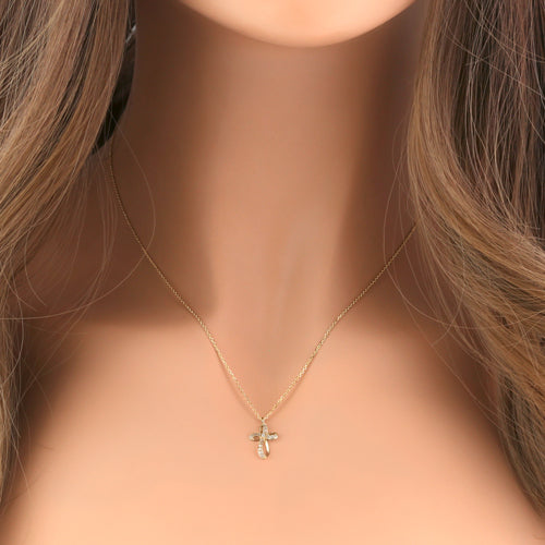 14K Solid Yellow Gold Ribbon Cross Necklace with CZ Stones - Elegant Religious Jewelry for Women, Perfect for Church, Weddings & Everyday Wear