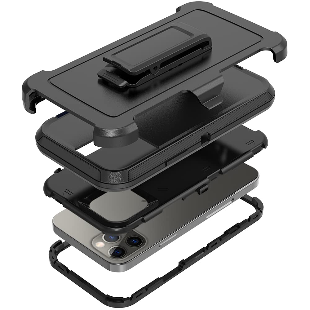 Rugged Shockproof Full Body Protection Case with Kickstand & Belt Clip Holster for iPhone 13 Pro Max 6.7 inch - Includes Screen Protector (Black) | Perfect for Outdoor, Construction & Active Lifestyle Use
