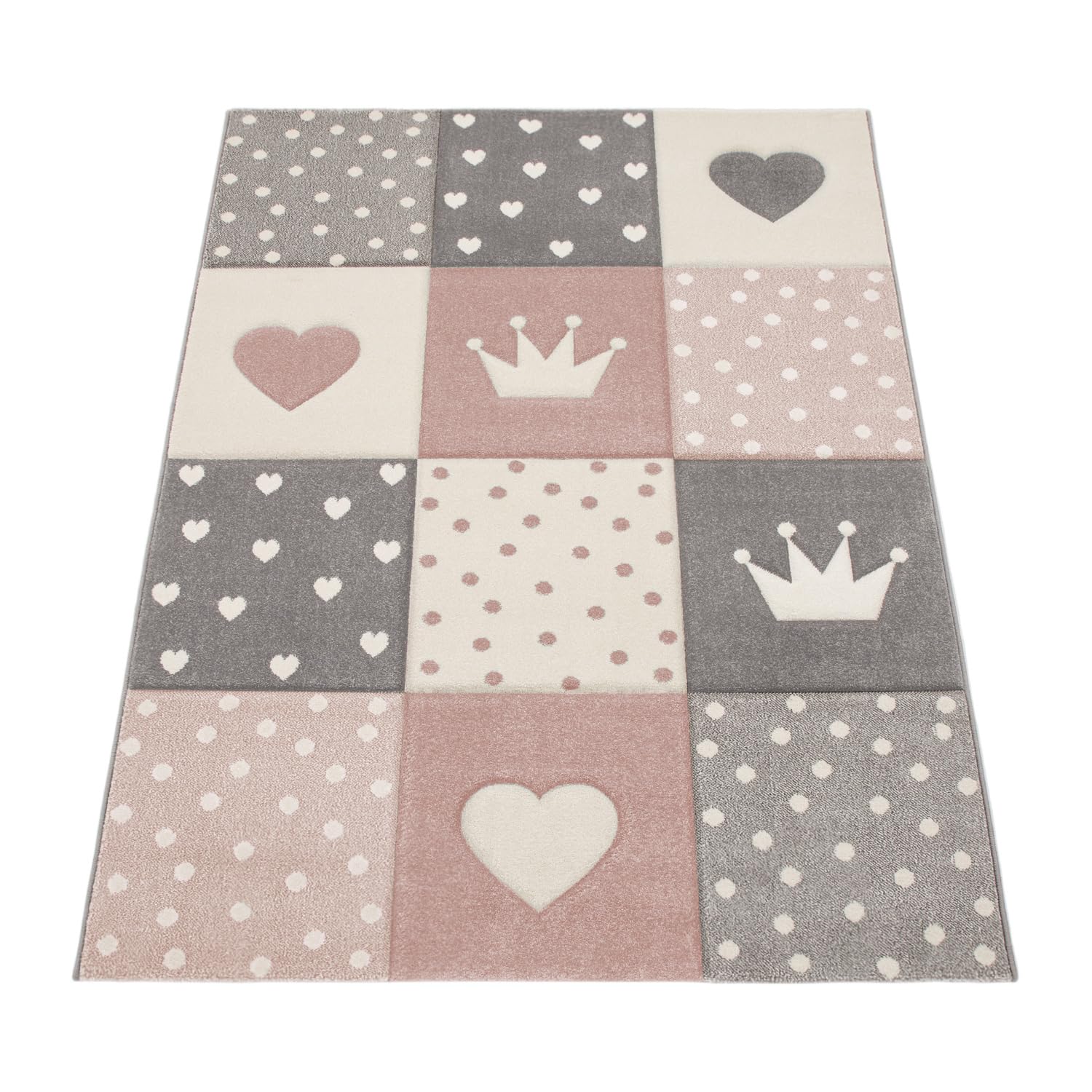 Pastel Kids Rug with Checked Dots, Hearts & Stars Pattern - 6'7