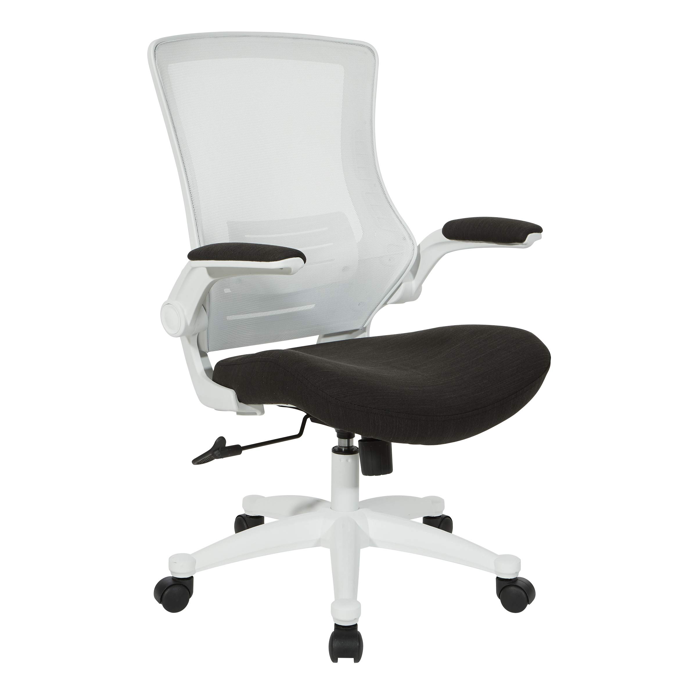 Office Star Ventilated White Screen Back Manager's Office Chair with Padded Flip Arms & White Nylon Base - Ergonomic Linen Black Fabric Executive Chair for Home Office & Corporate Workspaces