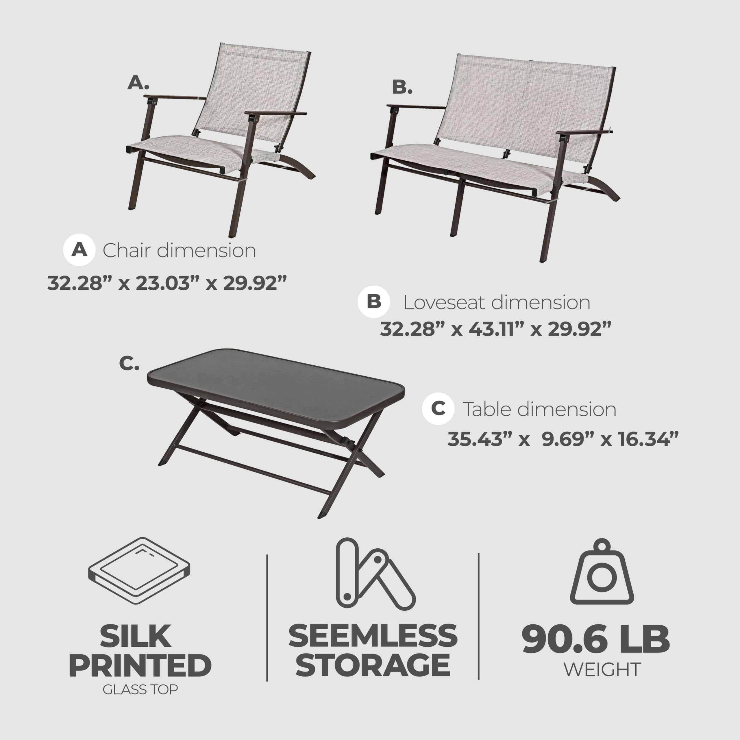 Novara 4-Piece Steel Folding Outdoor Patio Furniture Set - 2 Chairs, 1 Loveseat & Table in Tan/Espresso - Perfect for Garden, Backyard, Poolside & Patio Relaxation