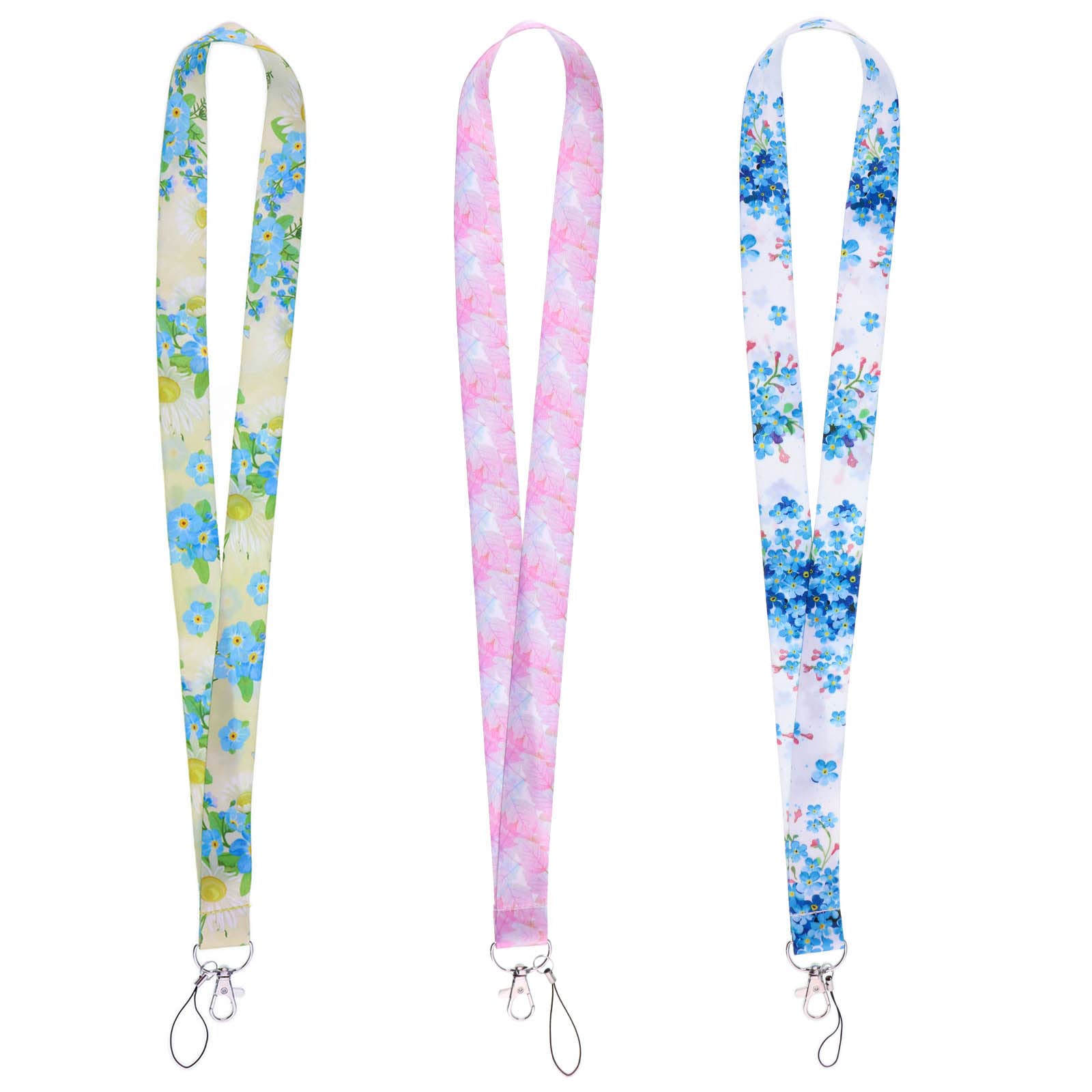Blue Flower Key Lanyard Set - Cute Pink Maple Leaf Keychain Lanyards for Women, Girls & Teachers (3 Pack) - Perfect for School, Office, ID Badges & Key Organization