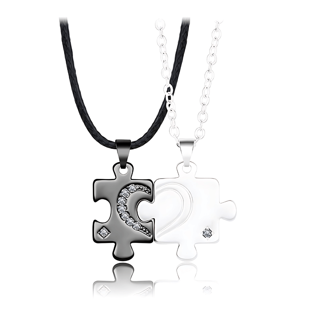 Encrusted Matching Puzzle Couple Necklace Set - Romantic Gift for Couples, Best Friends & Anniversaries | Perfect for Valentine's Day, Weddings & Special Occasions | HN250