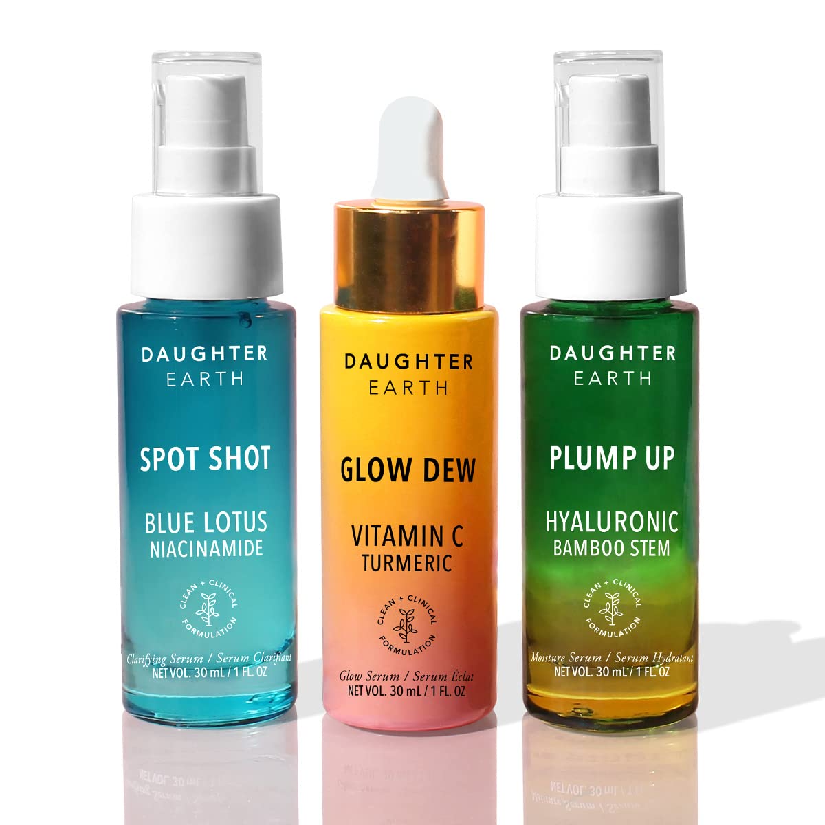 DAUGHTER EARTH Dreamy Drops Serum Trio Set - Vitamin C Serum, Niacinamide Serum & Hyaluronic Acid Serum for Glowing Skin | Anti-Aging Treatment for Fine Lines & Wrinkles | Dark Spot Corrector & Brightening Serum | 3-Pack Skincare Bundle | Perfect for Daily Routine & Nighttime Skincare